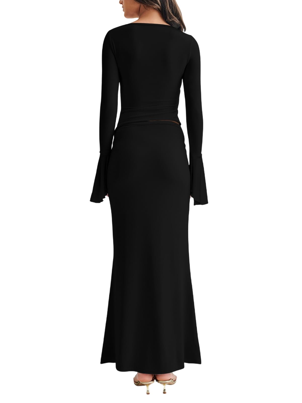 Lrady Women's 2 Piece Maxi Skirt Set - Casual Long Sleeve Cropped Top & High Waisted Long Skirt Outfit for Spring/Summer Fashion, Beach Vacations, and Date Nights
