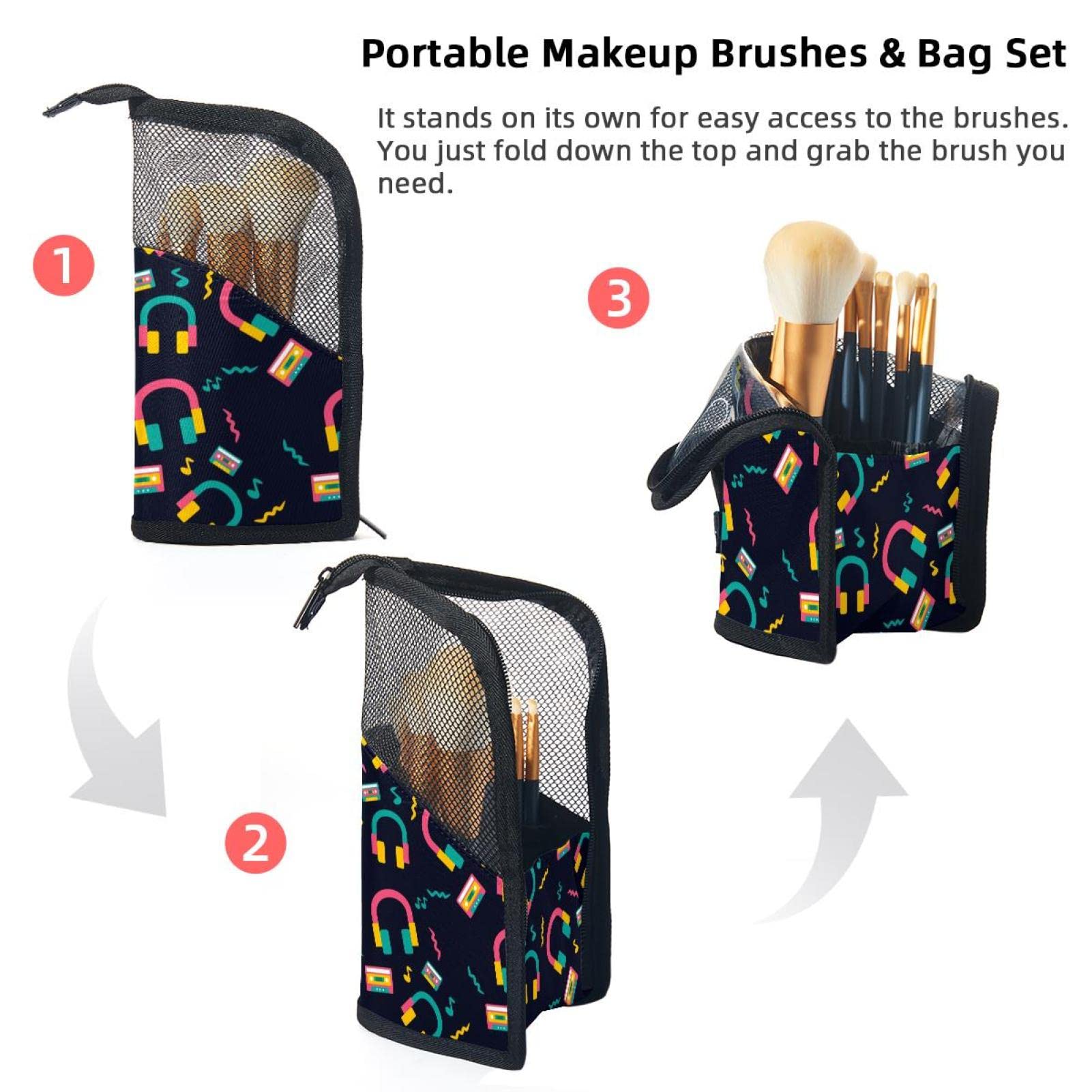 12-Piece Makeup Brush Organizer Bag with Cartoon Music Floral Design - Portable Travel Cosmetic Brush Holder Case for Professional Artists & Beginners - Perfect for Home, Salon, and On-the-Go Makeup Storage