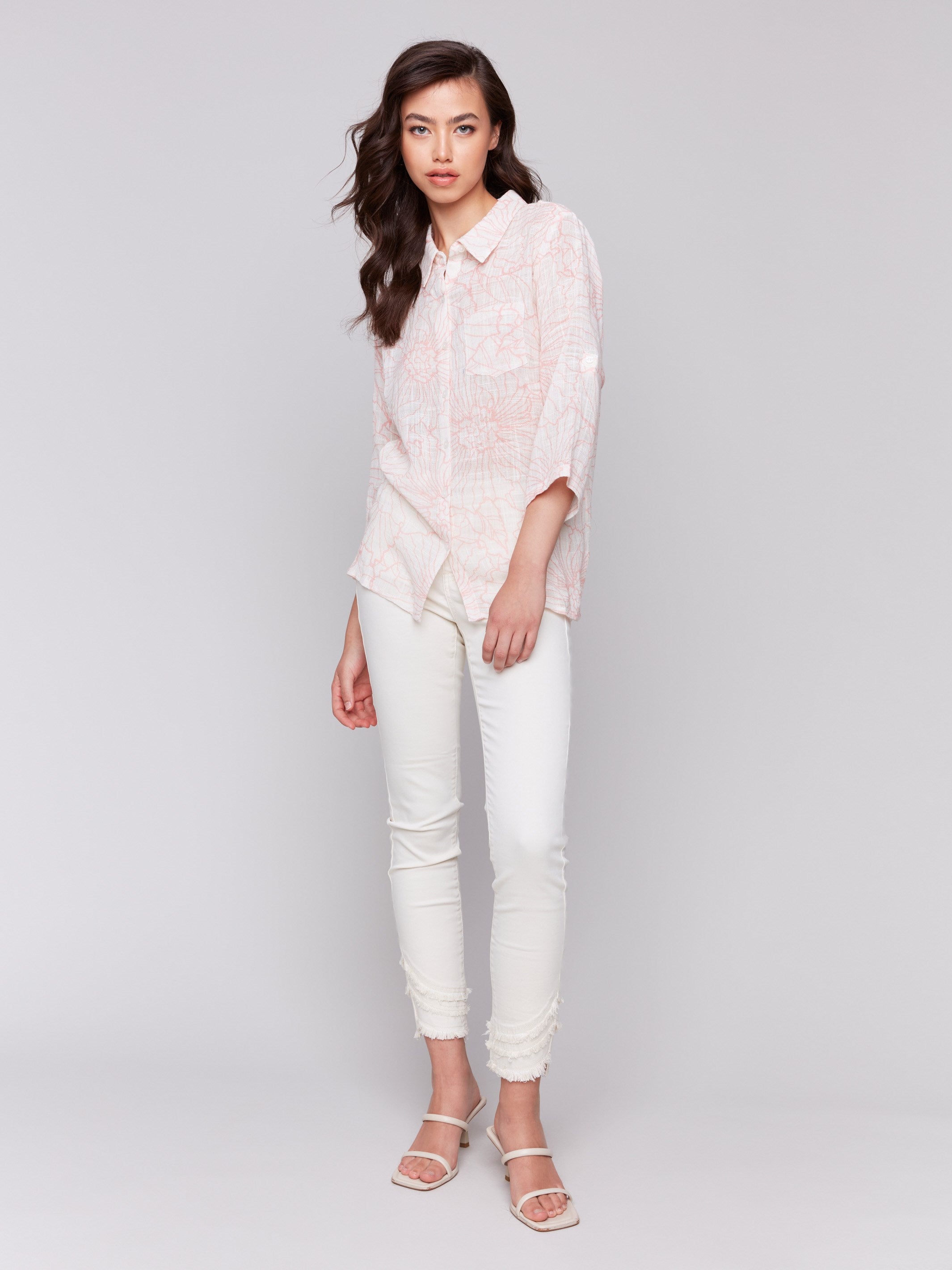 Printed Cotton Gauze Shirt for Women - Soft & Breathable Summer Blouse - Guava Color - Perfect for Beach Outings & Casual Wear