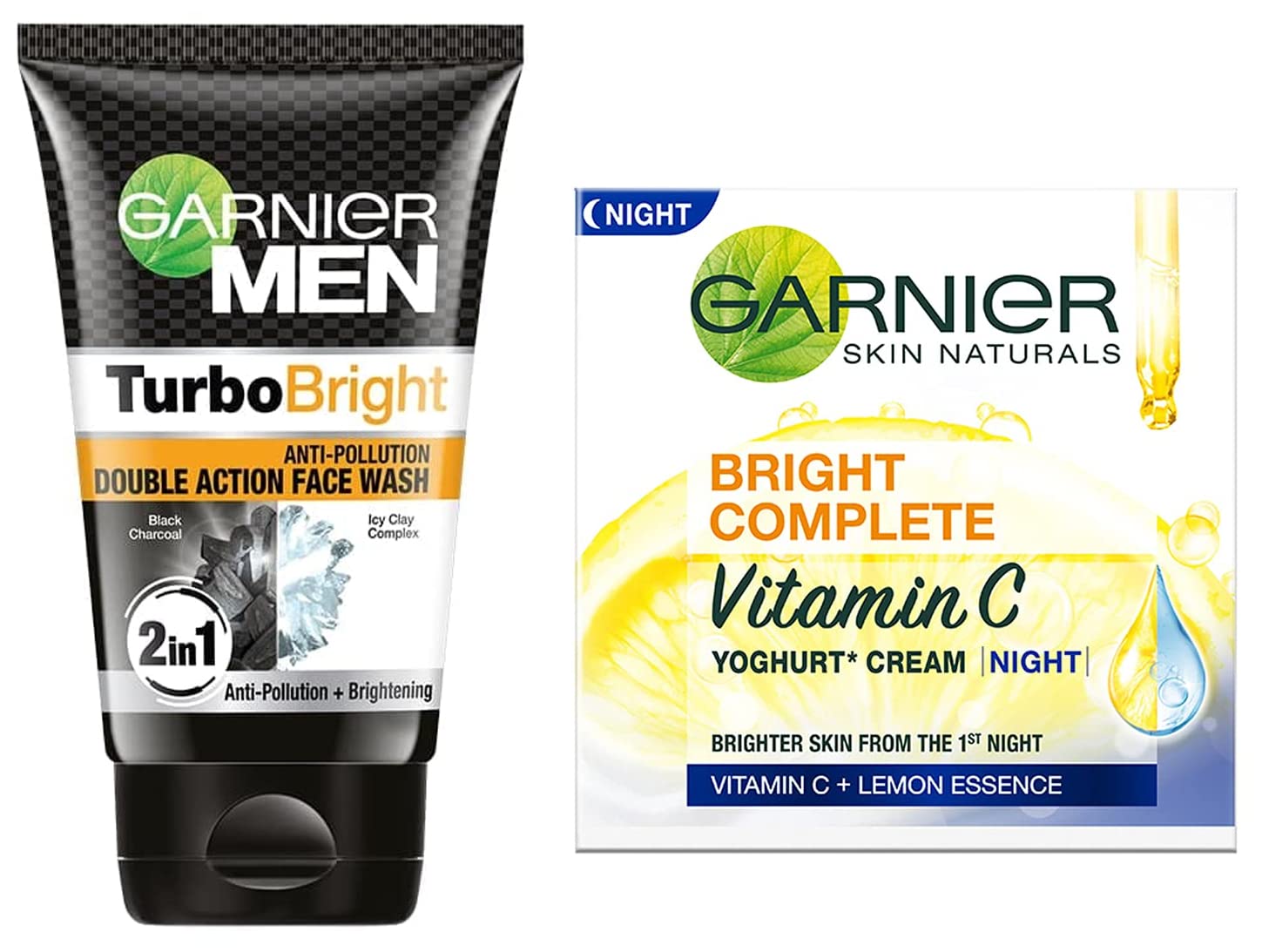 Garnier Men TurboBright Double Action Face Wash - Brightening & Anti-Pollution Cleanser, 100g & Garnier Bright Complete Vitamin C Yogurt Night Cream, 40g - For Men's Skincare Routine & Overnight Brightening Treatment