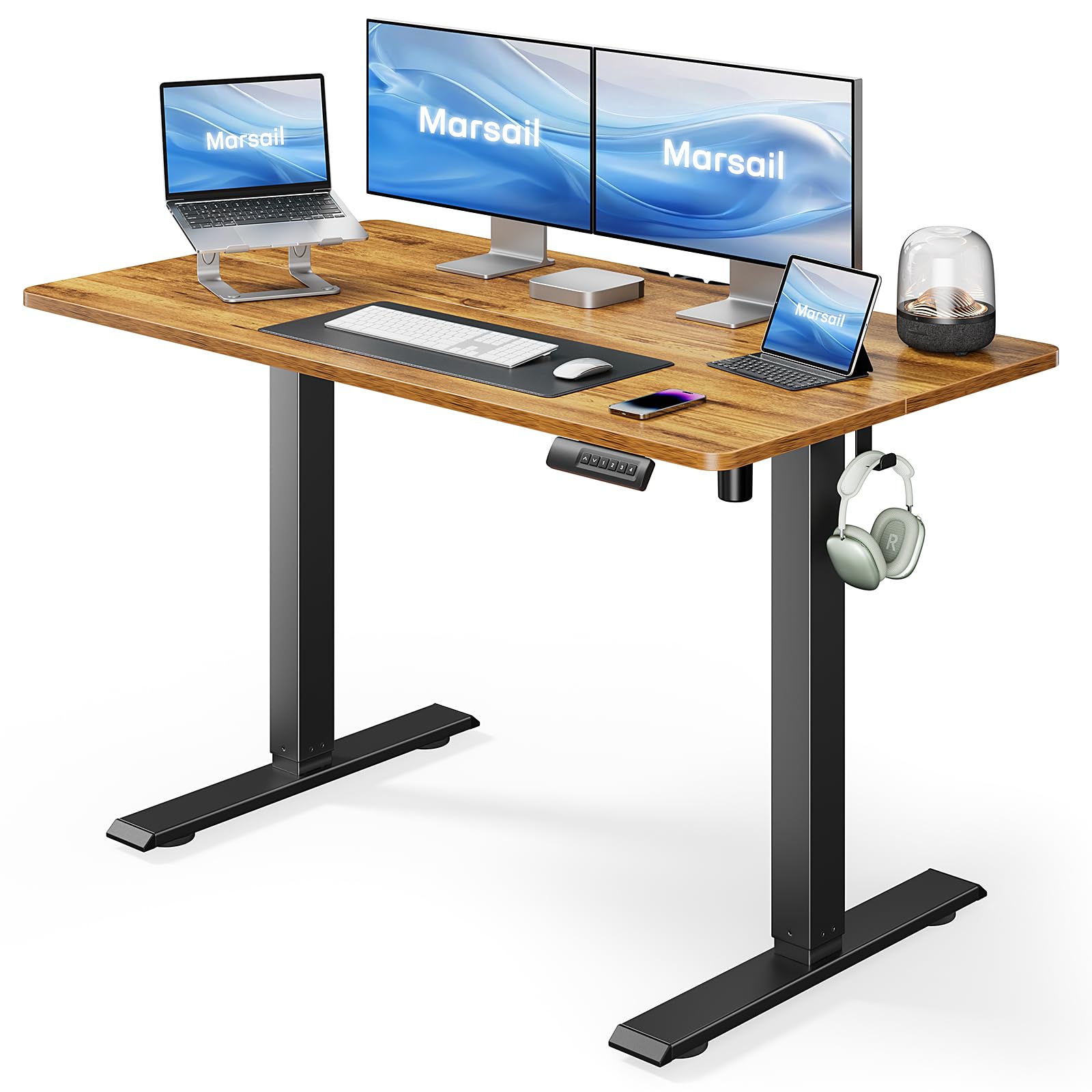 Marsail 48x24 Inch Electric Standing Desk - Adjustable Height Home Office Desk with 4 Memory Presets, Headphone Hook & Cable Organizer (Rustic Brown) | Perfect for Remote Work, Gaming & Study Spaces