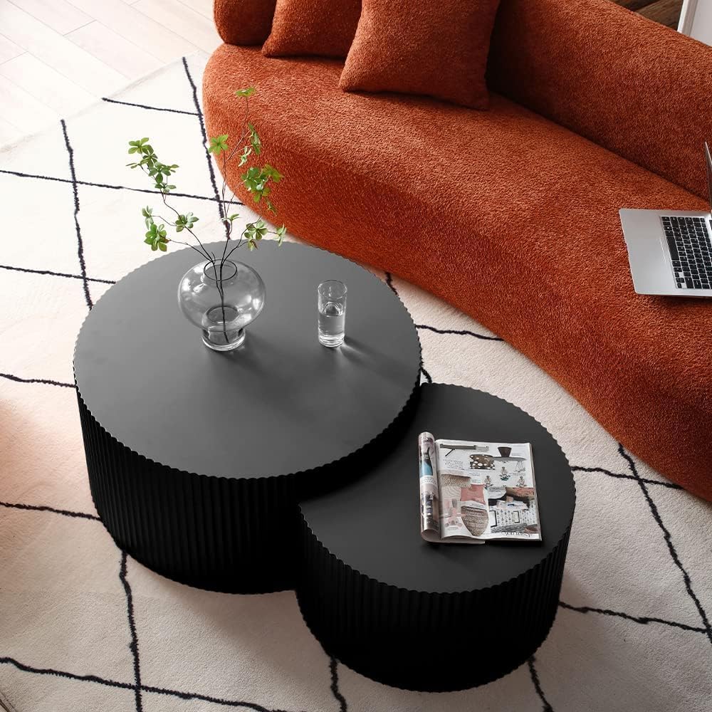 JUSTONE 2-Piece Nesting Coffee Table Set - Modern Matte Black Round Drum Side Tables for Living Room, Apartment, Bedroom - Space-Saving End Tables for Small Spaces & Home Decor (Black) | Perfect for Coffee, Books & Living Room Essentials