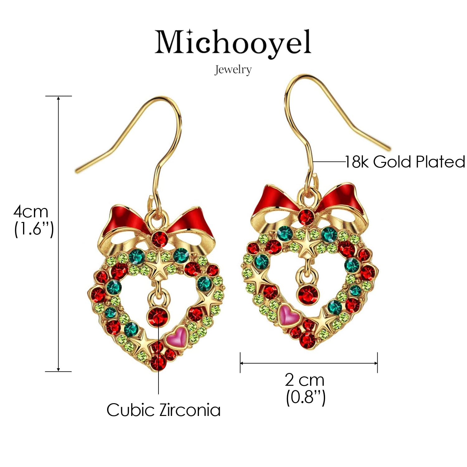 18K Gold Plated Cubic Zirconia Christmas Drop Earrings for Women - Elegant Fishhook Wreath Holiday Jewelry | Perfect for Christmas Parties, Gift Giving & Festive Occasions