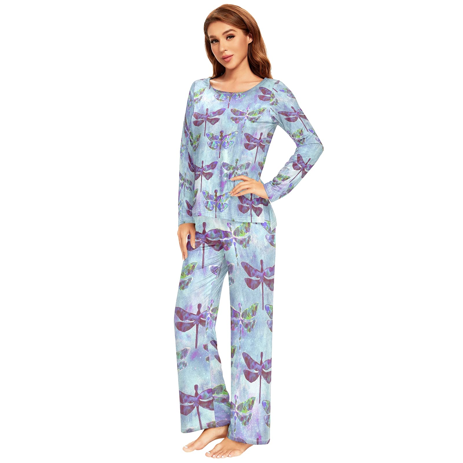 ALAZA Women's Dragonfly Watercolor Pajama Set - Soft 2-Piece Long Sleeve Sleepwear & Lounge Outfit for Cozy Nights, Relaxing at Home, and Gift Giving