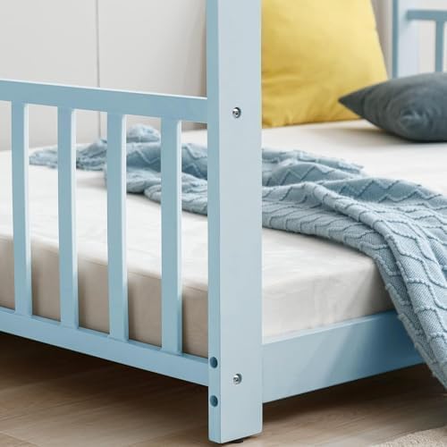 Montessori Floor Bed Full Size - Wooden House Bed Frame with Roof for Kids - Blue - Perfect for Boys & Girls Bedrooms, Playrooms & Montessori Learning Spaces