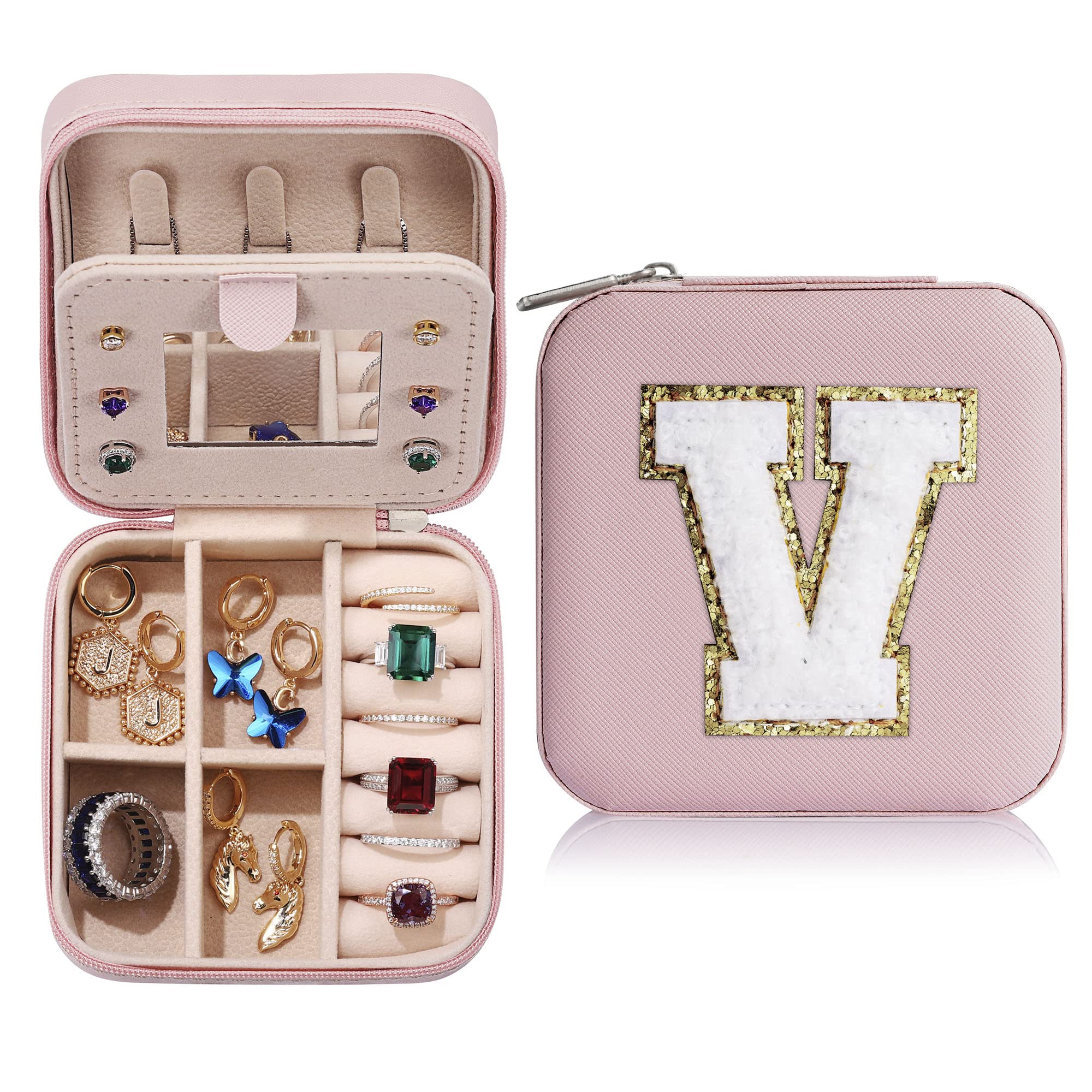 Parima Travel Jewelry Organizer for Women - Pink Letter V | Compact Jewelry Case for Necklaces, Earrings & Rings | Perfect Travel Accessories & Gifts for Women | Great for Vacations, Business Trips & Daily Use
