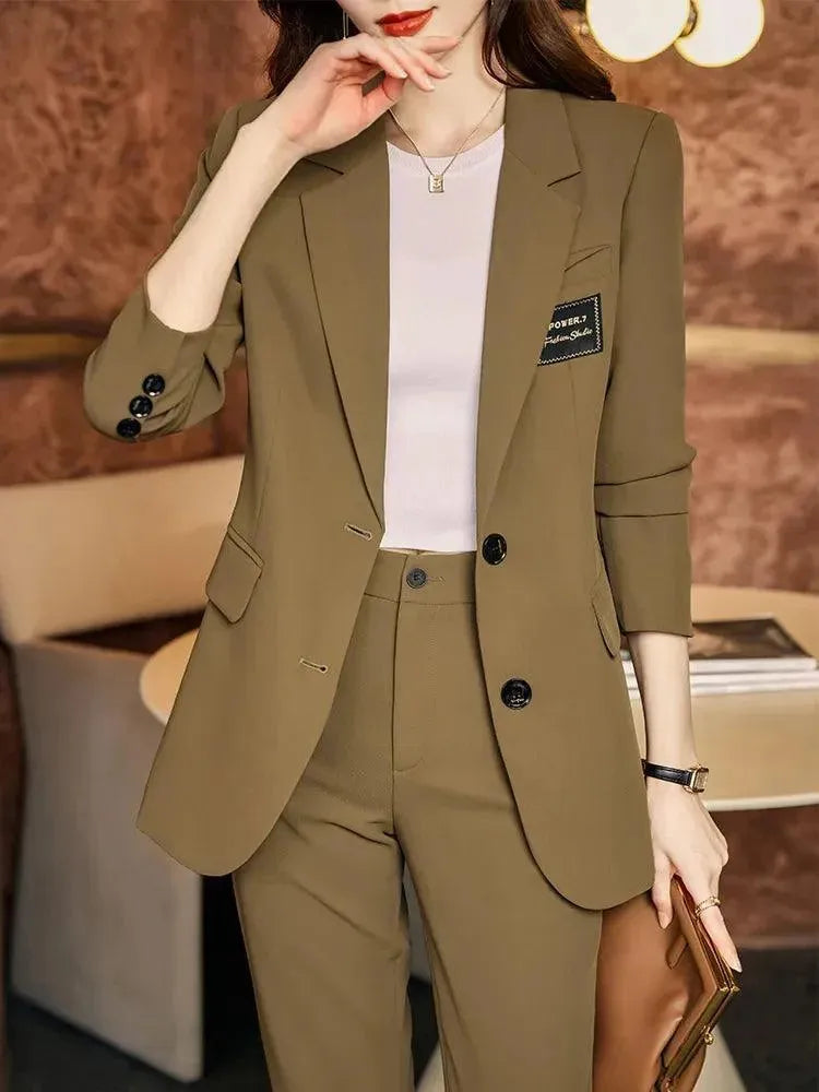 Elegant Women's Pant Suit with Embroidered Chest Badge - Professional Office Wear & Formal Business Attire for Women
