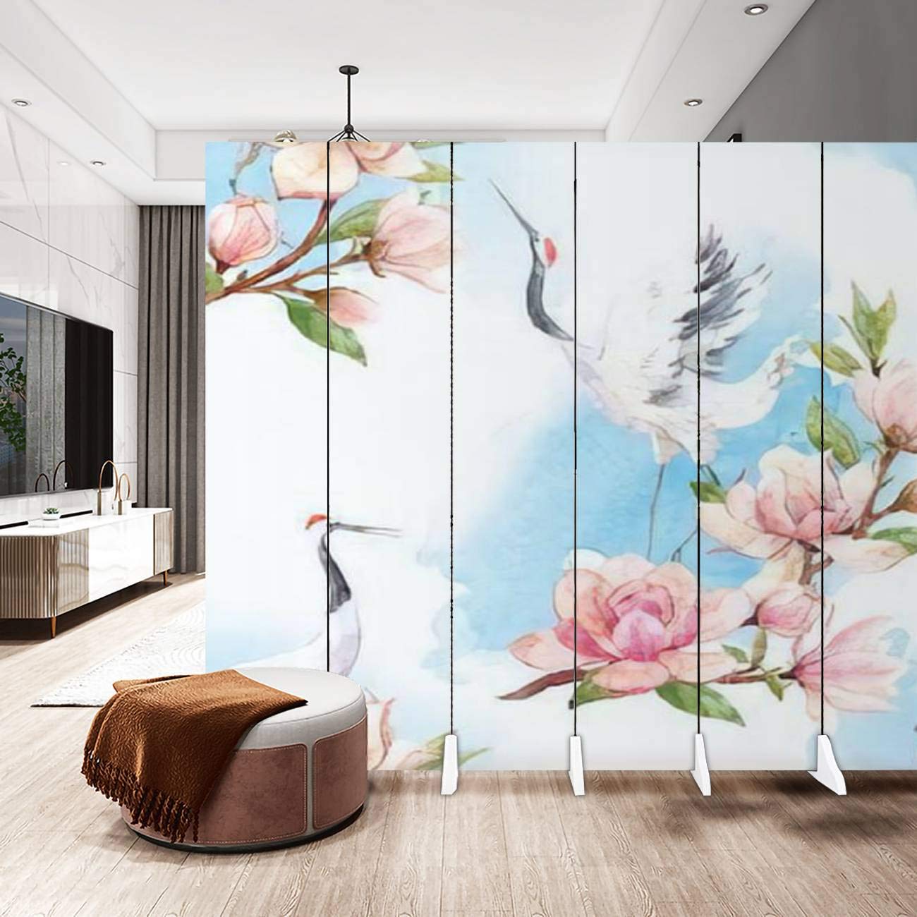Japanese Traditional Watercolor Crane & Branch Canvas Room Divider - 6 Panel Folding Privacy Screen with Red Head Motif | Perfect for Home Office, Bedroom Partition & Studio Space Separation