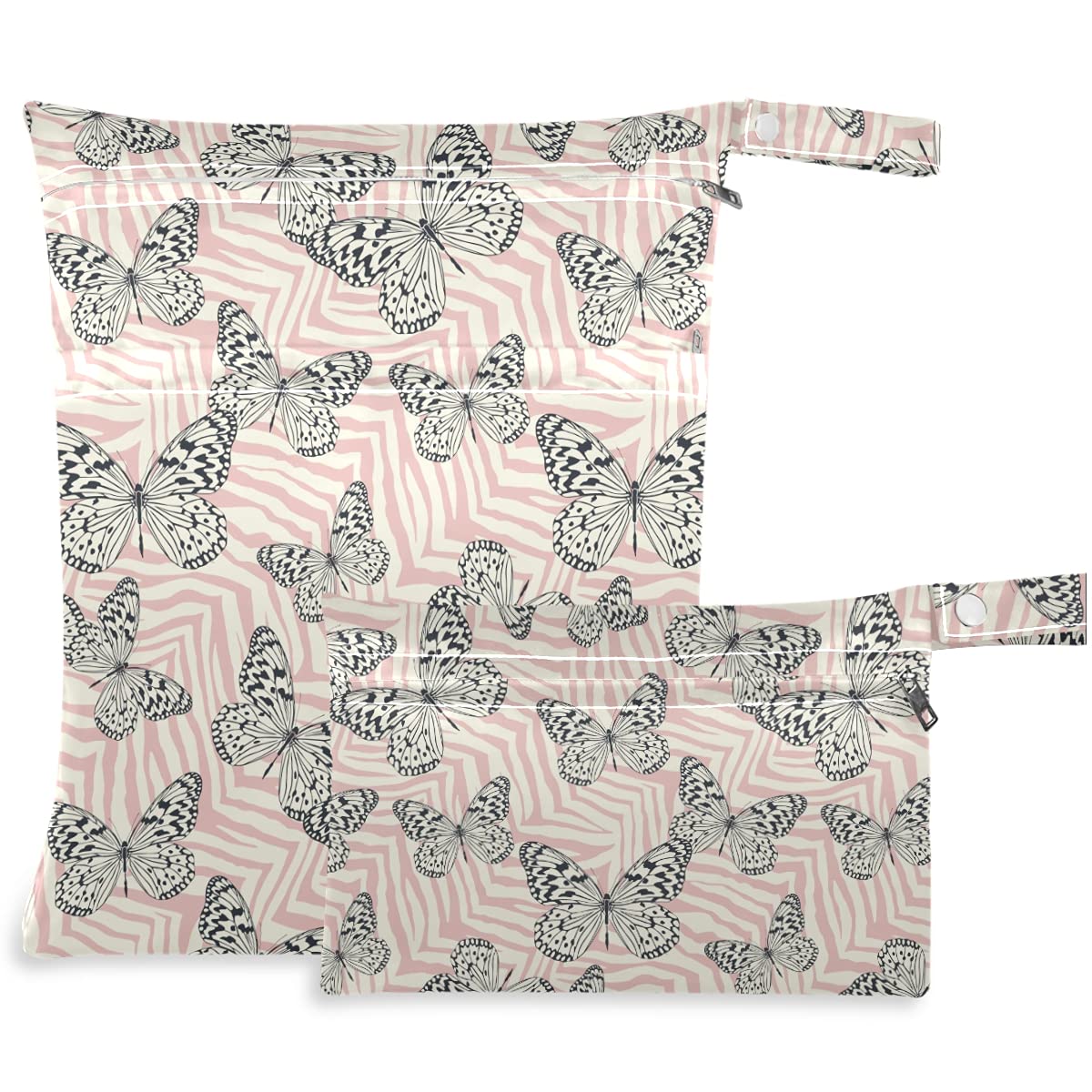 Visesunny Butterfly Zebra Print 2Pcs Wet Bags - Waterproof Reusable Zippered Pockets Diaper Bag for Travel, Beach, Gym & Daycare | Perfect for Strollers, Swimsuits, Toiletries & Dirty Clothes Organization