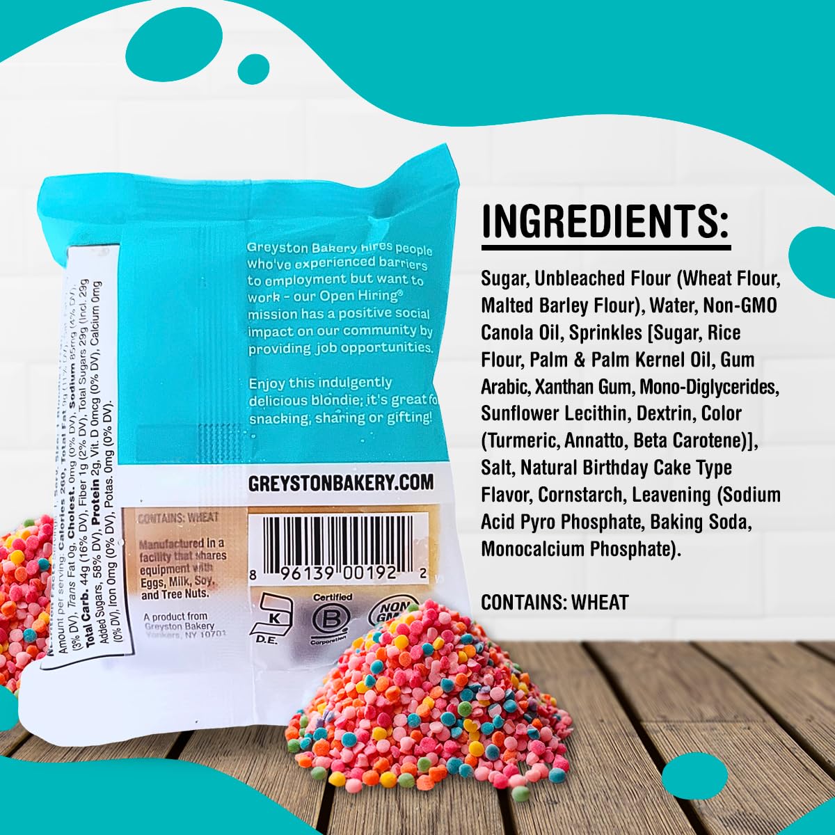 Vegan Birthday Cake Blondie with Sprinkles - Kosher Certified, Preservative Free - 8 Individually Wrapped 2.5 oz Bars - Perfect for Parties, Gifts, Holidays & Snacking (Birthday Cake Flavor) | Great for Office Treats, Baby Showers & Birthday Celebrations