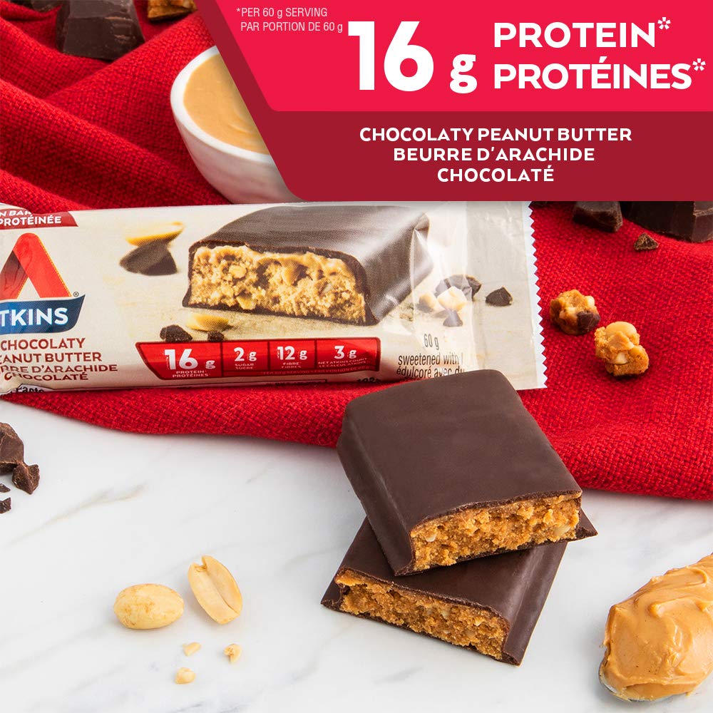 Atkins Protein Bars - Chocolate Peanut Butter, Low Sugar Keto Snacks, High Protein & Fiber, 2g Sugar 3g Net Carbs (5 Count) - Perfect for Weight Loss, Gym Workouts & On-the-Go Healthy Snacking