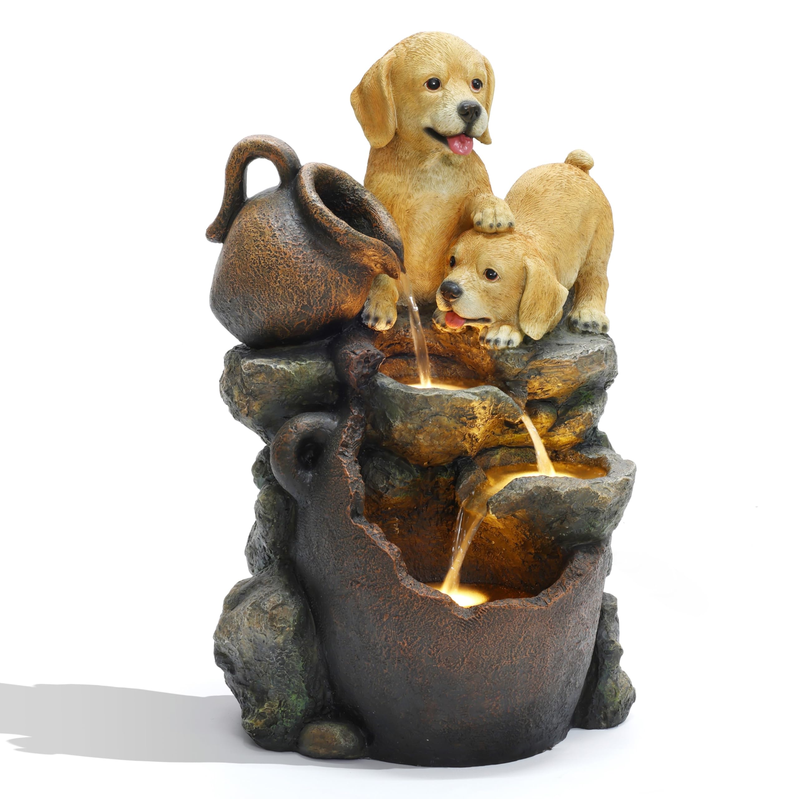LuxenHome 25 Inch Resin Outdoor Water Fountain with LED Lights - Puppy and Pitchers Pot Design for Farmhouse, Patio, Garden Decor | Indoor/Outdoor Waterfall Feature for Relaxing Ambiance