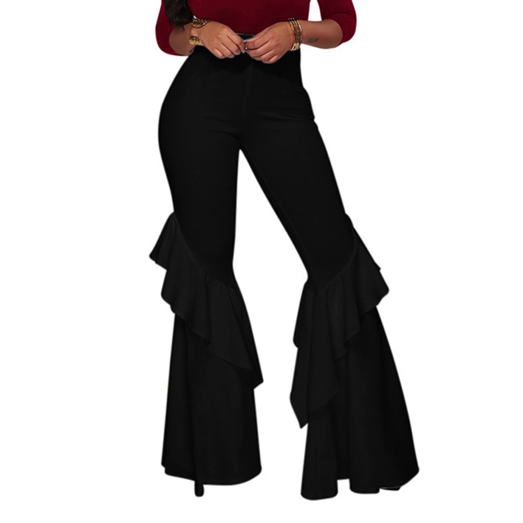 GUOLEZEEV Women's High Waisted Flare Pants - Ruffle Detail Wide Leg Trousers in Solid Colors for Casual Wear & Office Outfits