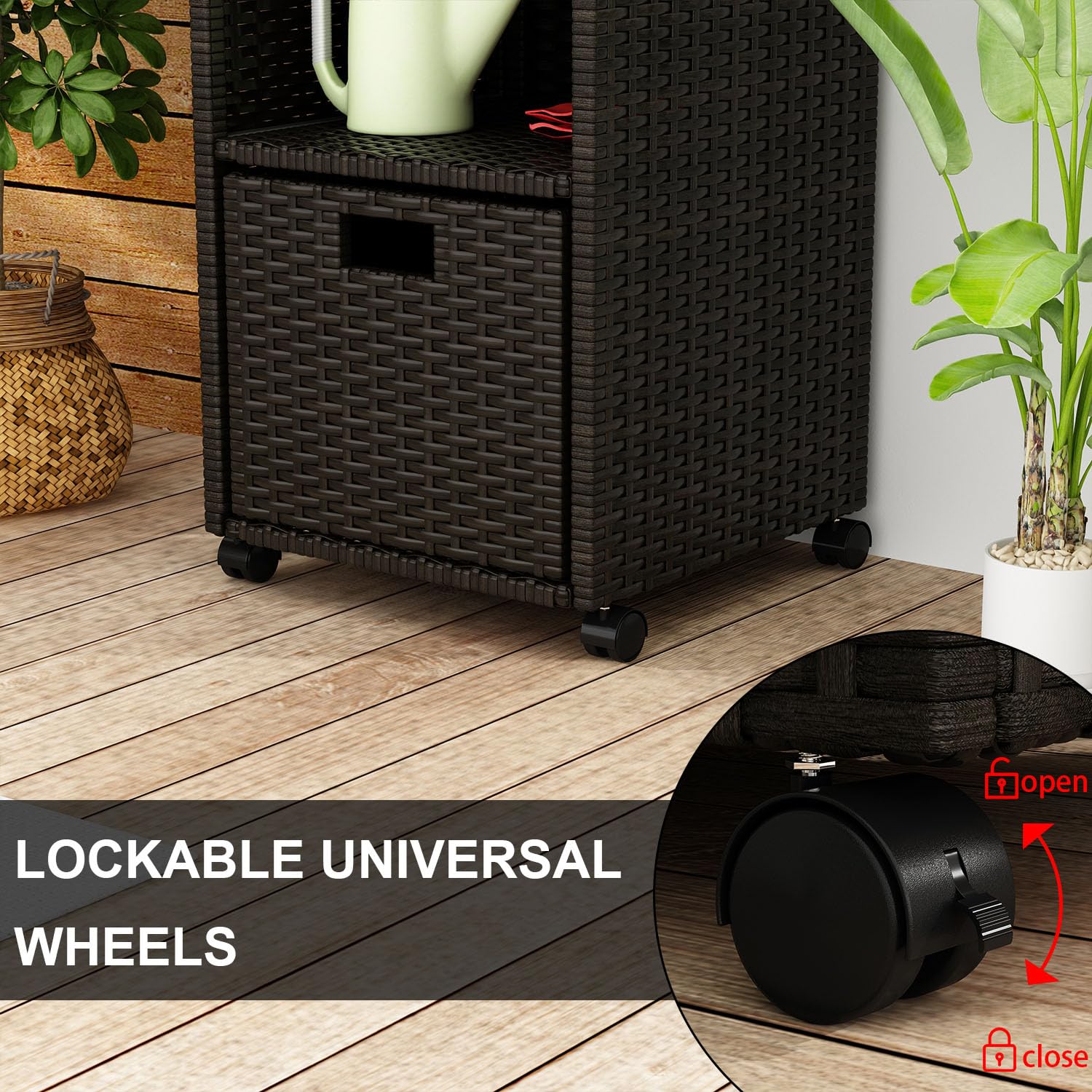 Lovinouse Waterproof Wicker Outdoor Towel Storage Cabinet with Shelves & Drawer - Rolling Wheels Pool Towel Organizer for Patio, Garden, Poolside, Backyard, Porch - Perfect for Beach Towels, Swim Gear & Outdoor Essentials (Brown)