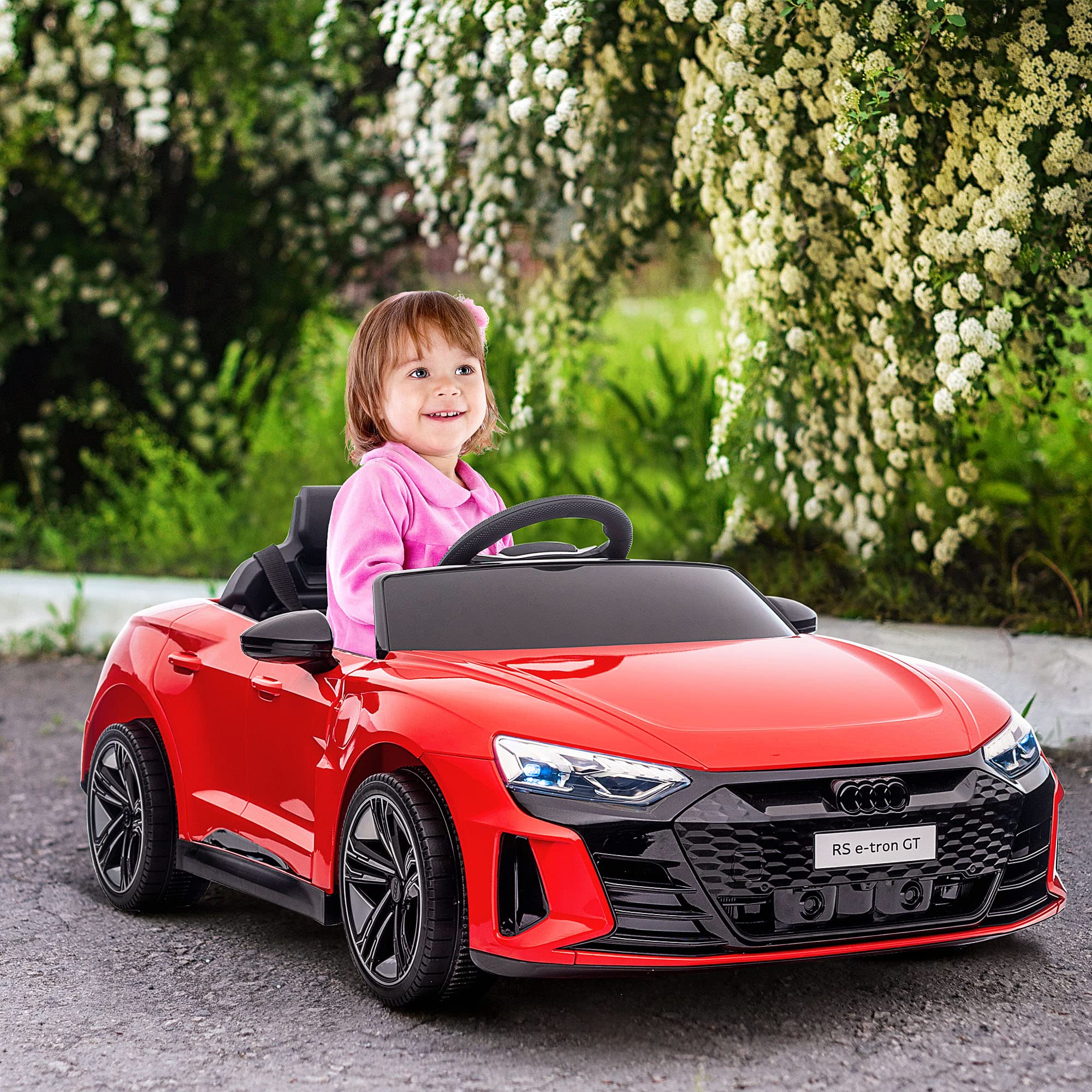 HOMCOM Electric Ride-On Car for Kids 3+ Years, Audi RS e-Tron GT 12V Battery-Powered Car with Remote Control, LED Lights, Horn, Music USB & Door Opening, 3-5 km/h, Red - Perfect for Outdoor Play, Birthday Gifts & Family Fun