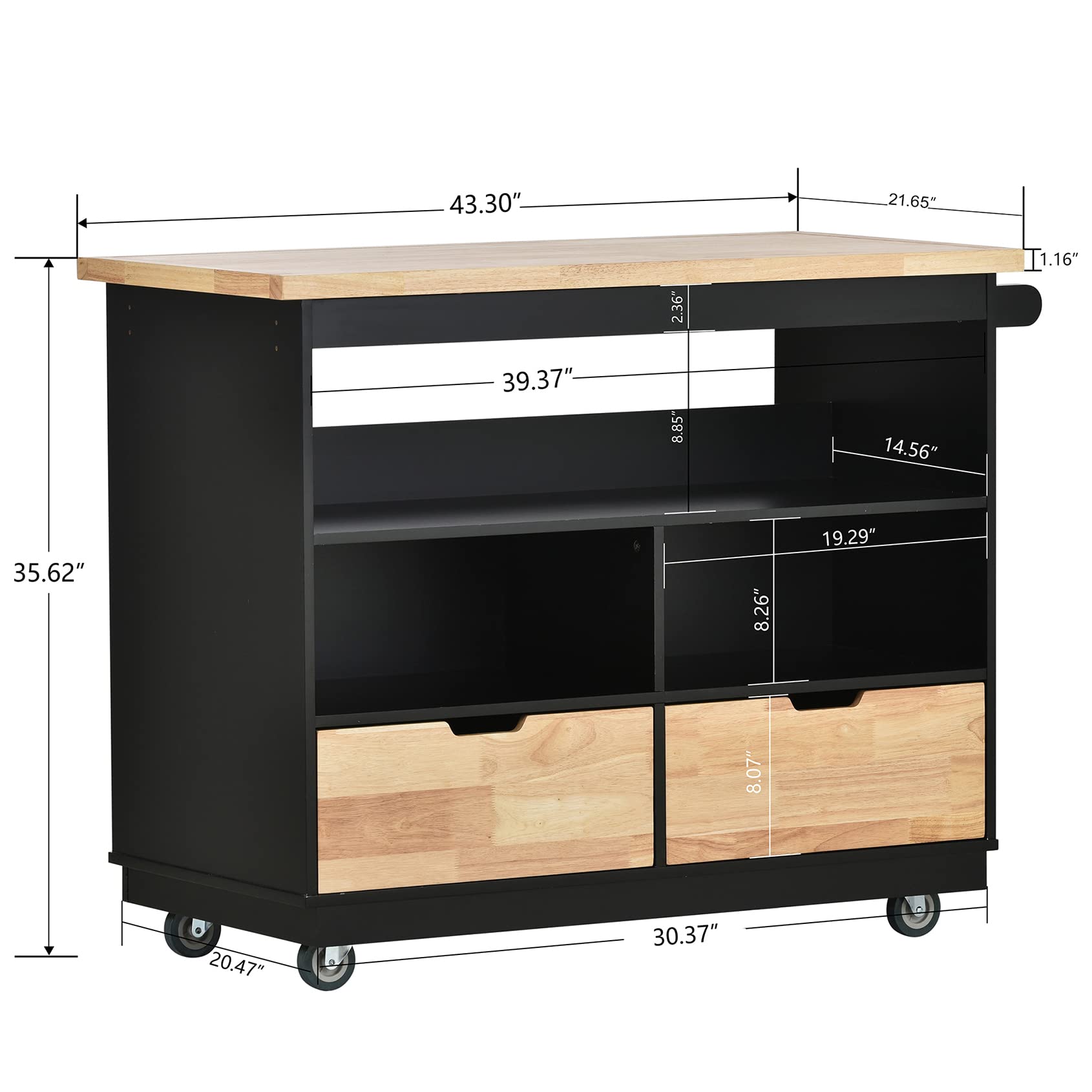 Solid Wood Top Kitchen Island on Wheels - Rolling Kitchen Cart with Storage Drawers, Cabinets, Tower Rack, Spice Rack & Wine Rack - Black - Perfect for Small Kitchens, Dining Rooms & Food Prep Areas