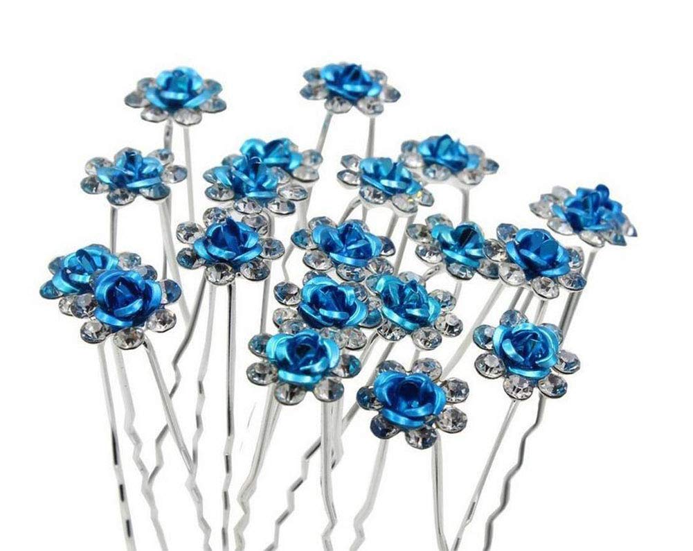 20 PCS Sky Blue Rhinestone Rose Hair Clips - U-Shaped Crystal Bridal Hair Pins for Women Wedding Accessories | Perfect for Bridal Parties, Prom, and Formal Events