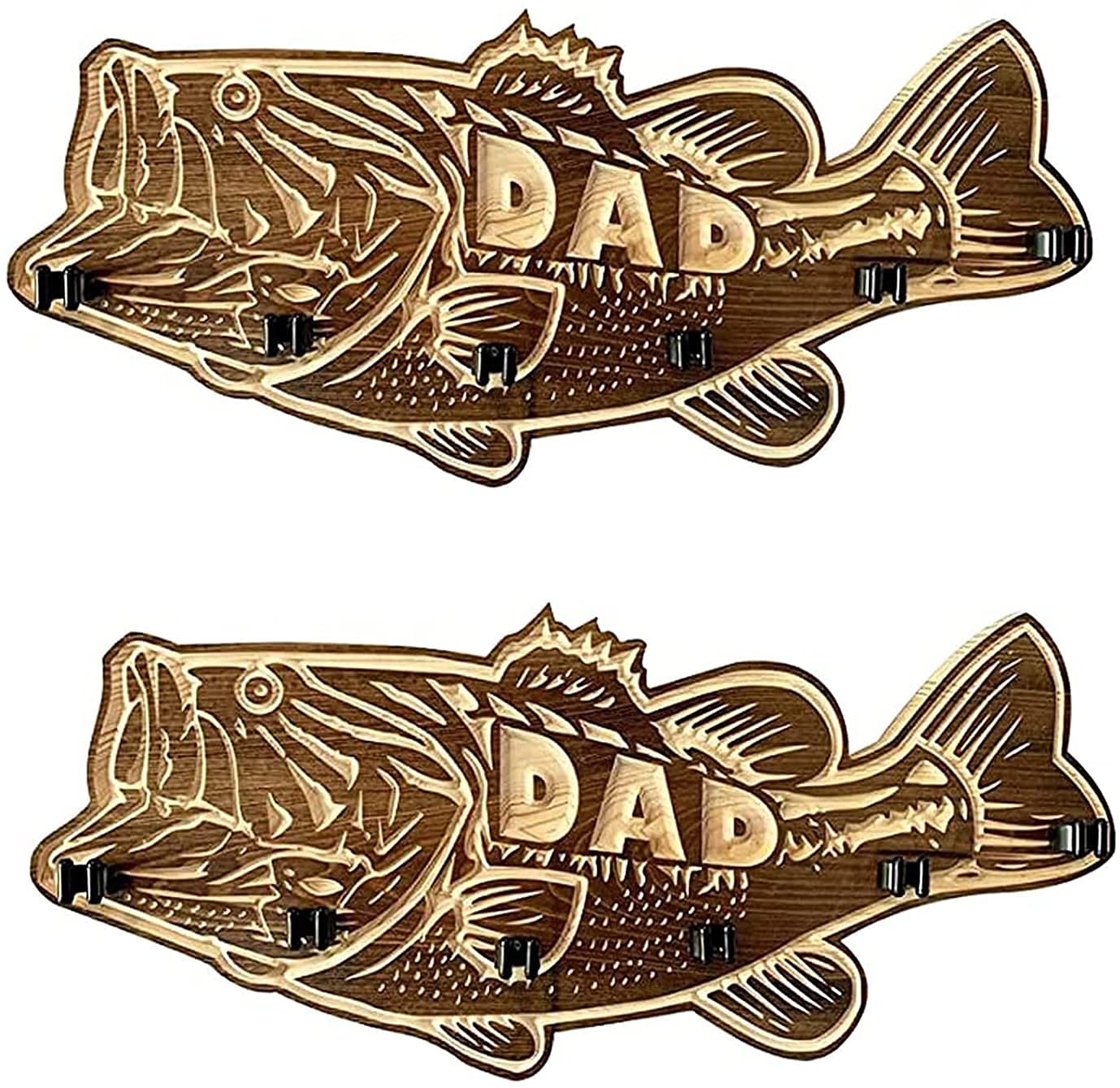 Wooden Large Mouth Bass Fishing Rod Holder - Wall Mounted Fishing Pole Storage Rack with 6 Rod Slots - DIY Fishing Gear Organizer & Perfect Gift for Anglers & Dads - Ideal for Garage, Boat, and Home Fishing Equipment Storage