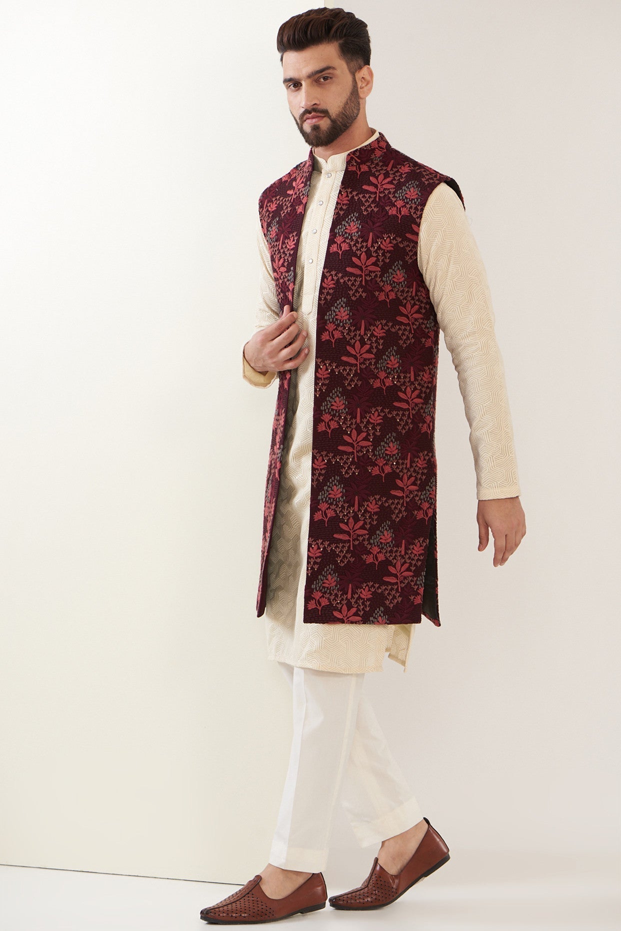 Elegant Maroon Embroidered Long Jacket for Women - Stylish Winter Coat with Intricate Designs - Perfect for Parties, Weddings & Cold Weather Fashion