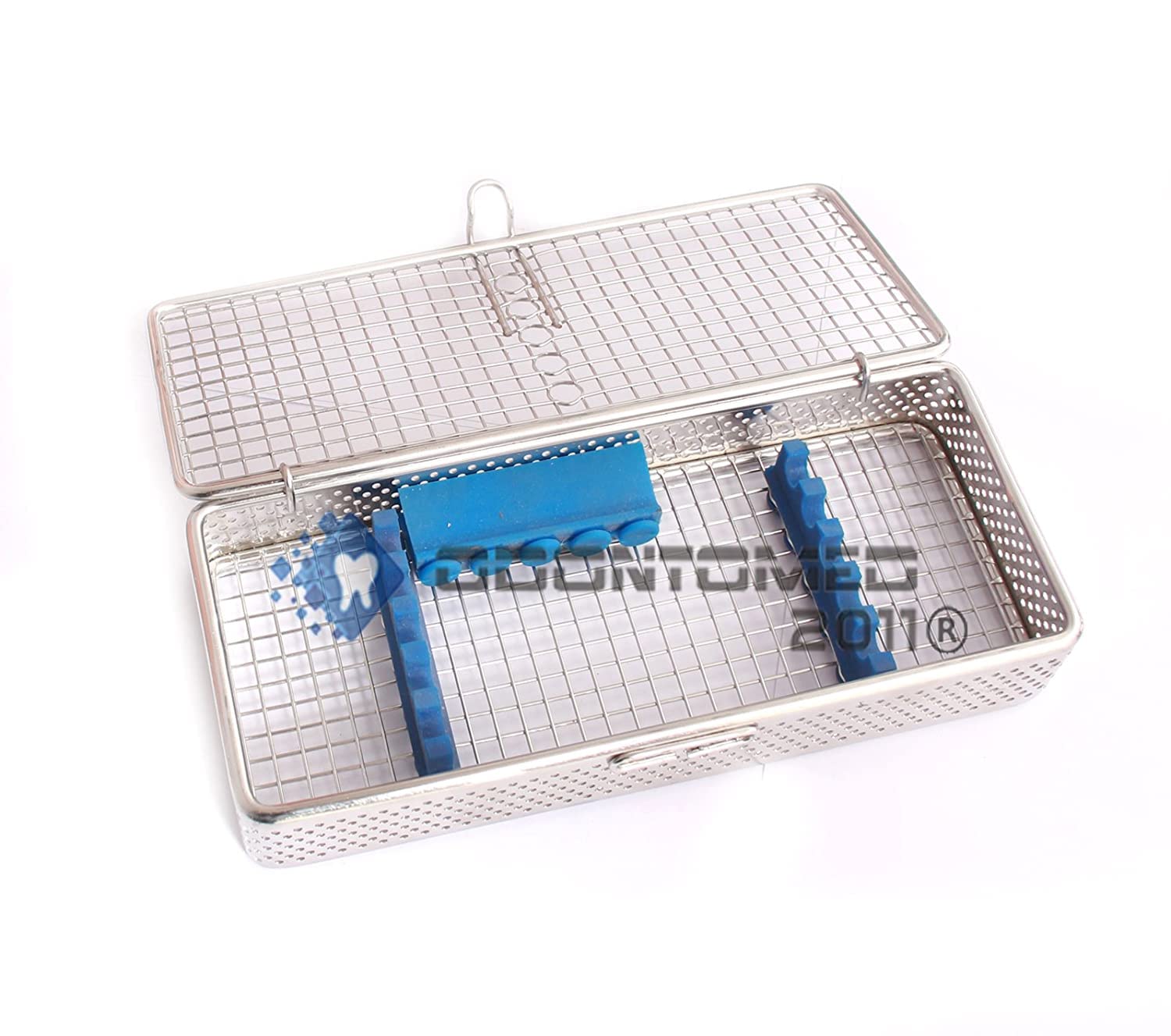 Stainless Steel Sterilization Cassette for 5-Piece Dental Instruments | OdontoMed2011 DN-308 with Blue Silicone | Wire Mesh Tray for Dental Clinic & Hospital Sterilization