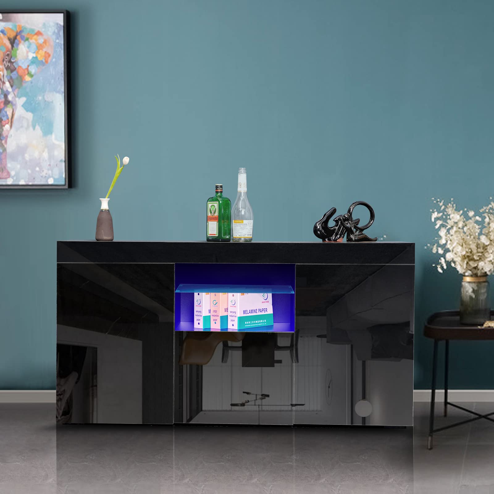 Modern High Gloss LED Sideboard Cabinet - 16 Color Changing Lights, Kitchen Buffet Storage Server with 2 Shelves & Drawer - Stylish Cupboard for Dining Room & Kitchen (Black) | Perfect for Entertaining, Displaying Decor & Extra Storage Space