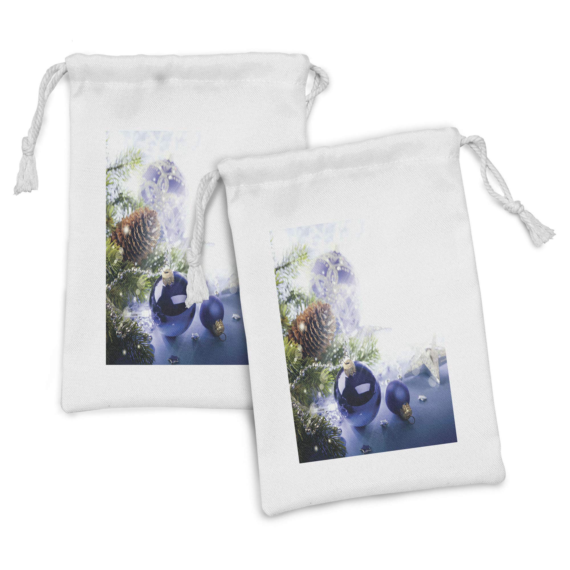 Ambesonne Christmas Fabric Pouch Set of 2 - Blue Holiday Ornament Print Drawstring Bags for Toiletries, Masks & Party Favors (9