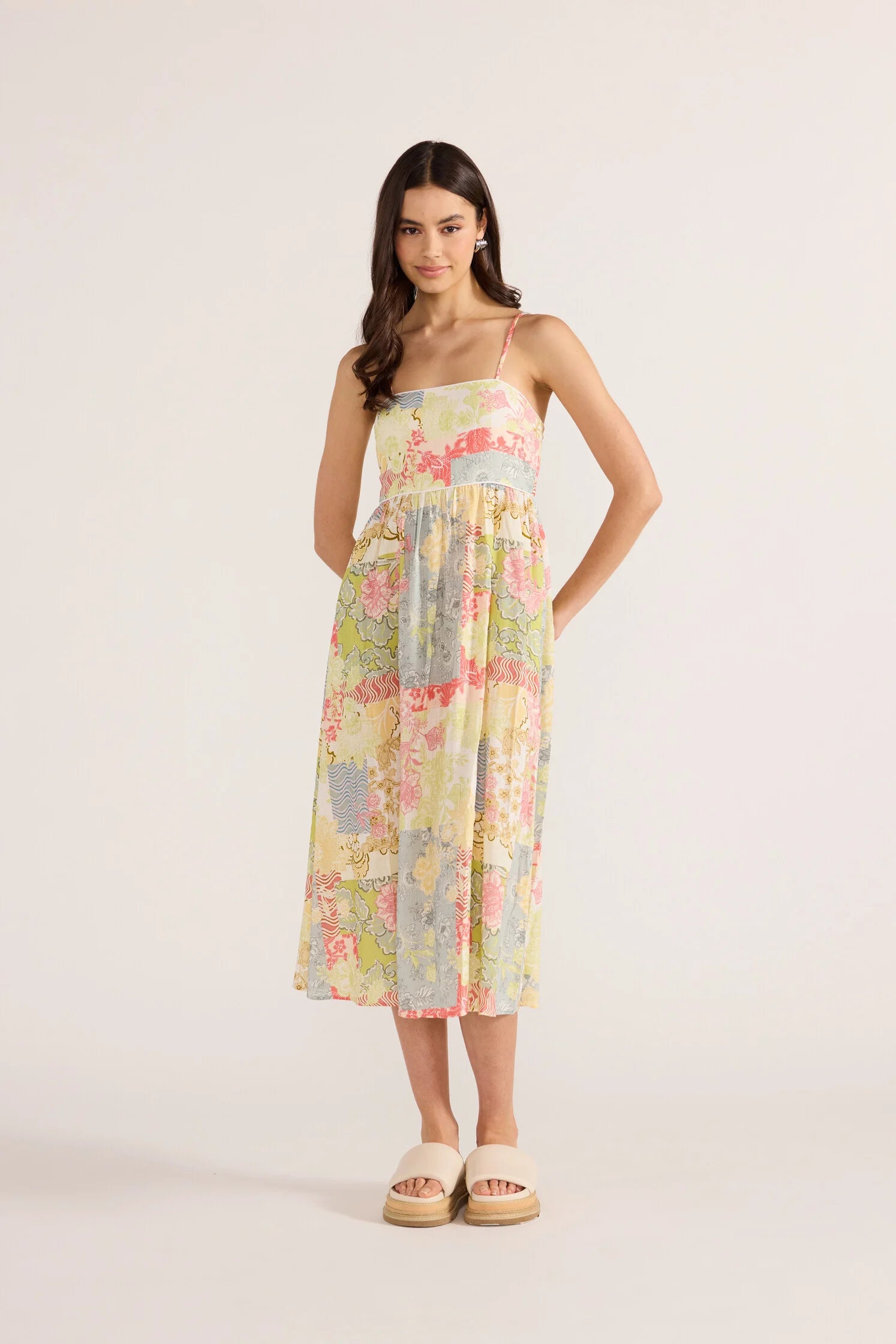 Aurora Strappy Midi Dress - Floral Patchwork Design, Women's Summer Boho Dress for Beach, Party & Vacation