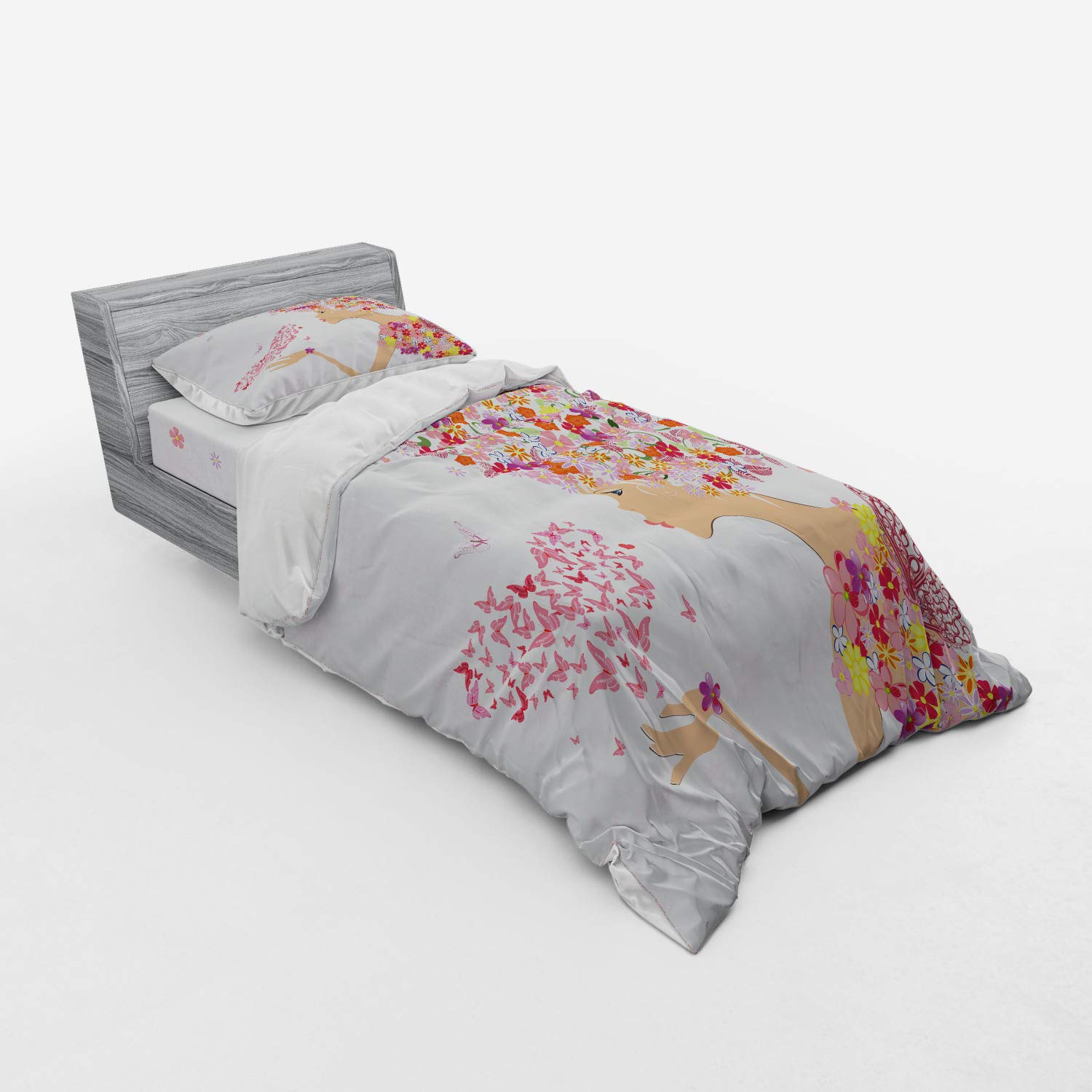 Ambesonne Pink Floral Duvet Cover Set - 3 Piece Twin XL Bedding with Sham & Fitted Sheet, Hand-Painted Butterfly Heart Design for Girls Room Decor | Perfect for Spring Bedroom Makeover & Teen Girls' Dreamy Retreat