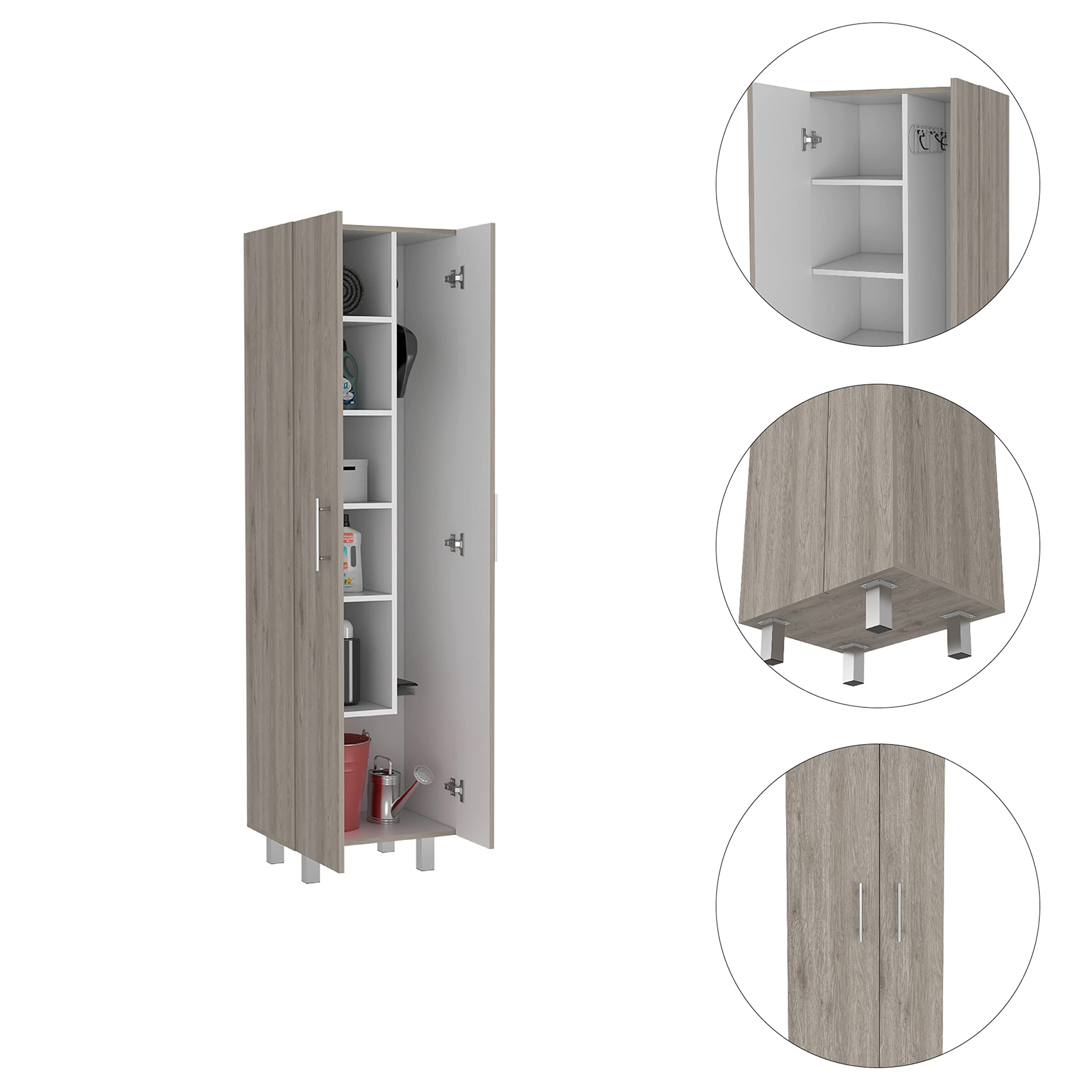 Bacoa 5-Shelf Cleaning Cabinet with Broom Hangers - 71.3 Inch Tall Storage Organizer in Light Gray/White for Bedroom, Bathroom & Laundry Room Organization