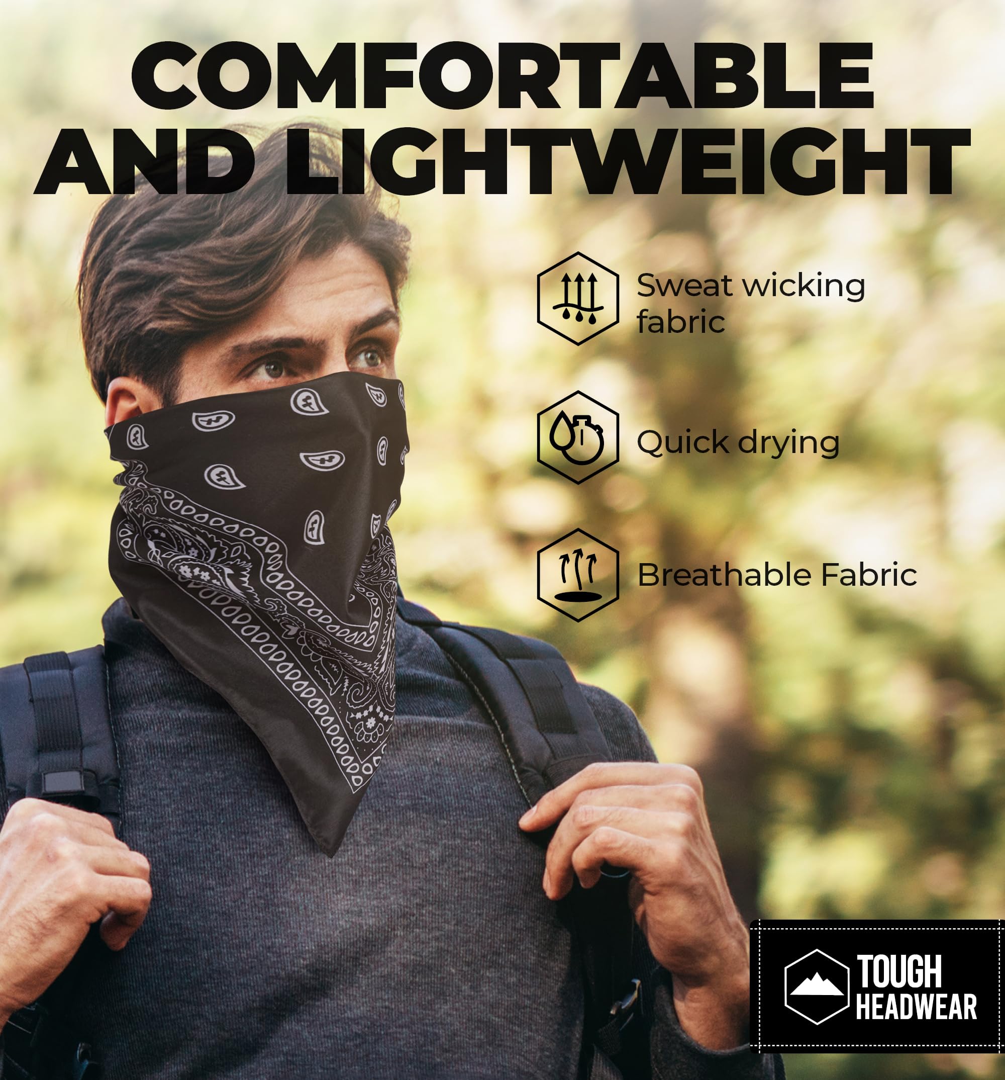Tough Headwear Large Bandana Headband for Men & Women - Breathable Paisley Bandana Pack - Cowboy Scarf & Handkerchief - Perfect for Outdoor Activities, Sports, and Fashion Accessories