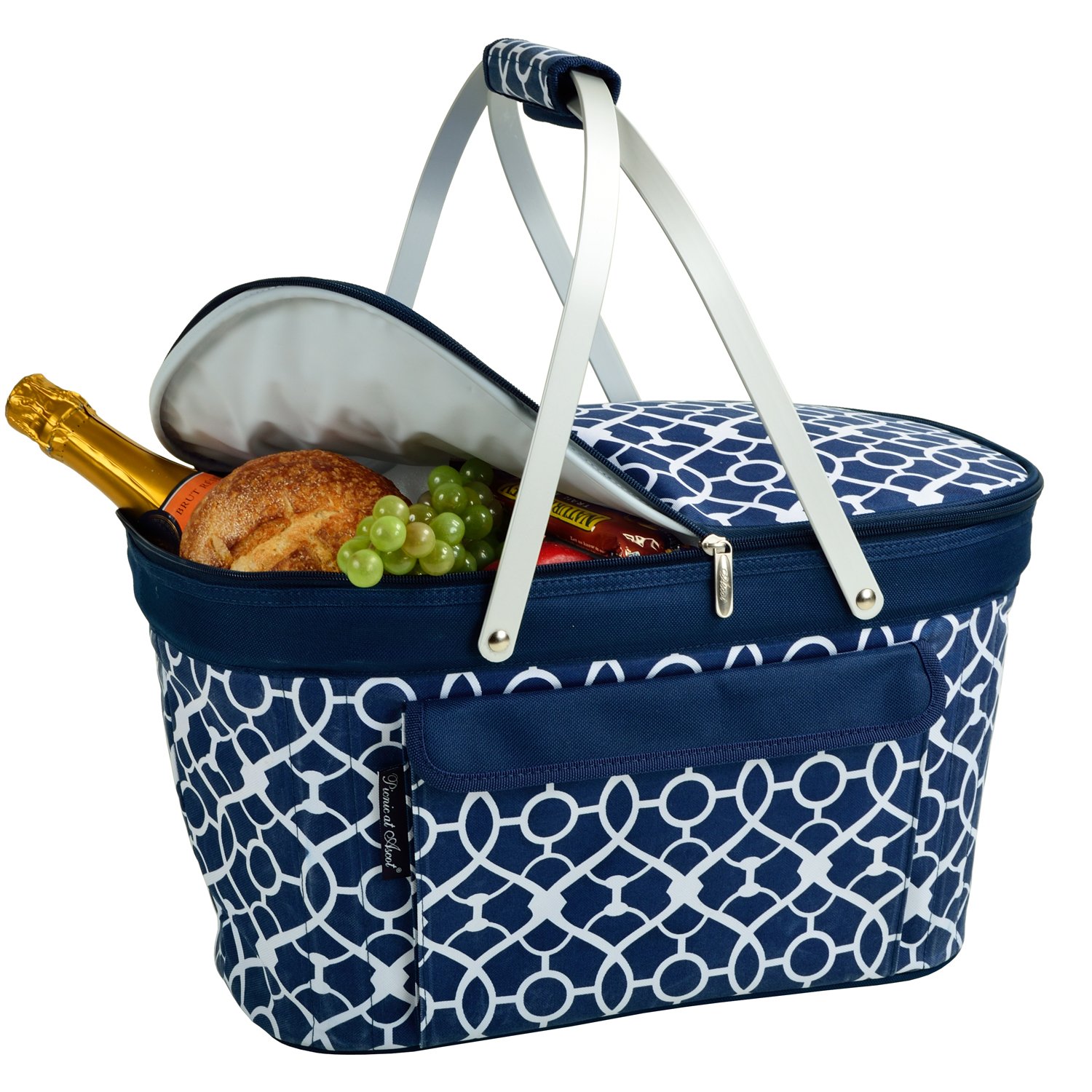 Collapsible Insulated Picnic Basket Cooler Bag - Portable Food & Drink Carrier for Beach, Camping, Tailgating - Trellis Blue