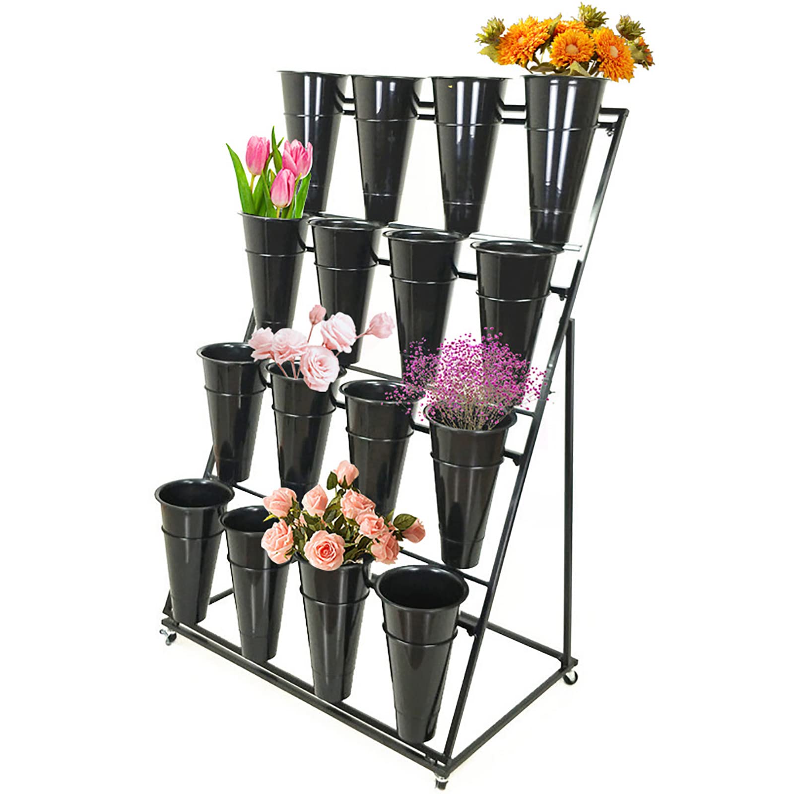 Outdoor Metal Plant Stand with Flower Buckets - Tall Indoor Plant Shelf with Wheels - Decorative Garden Flower Pot Holder Rack for Patio, Porch & Florist Supplies - Black (95x60x145cm/37x24x57inch) - Perfect for Home Decor, Garden Display & Flower Shop Organization