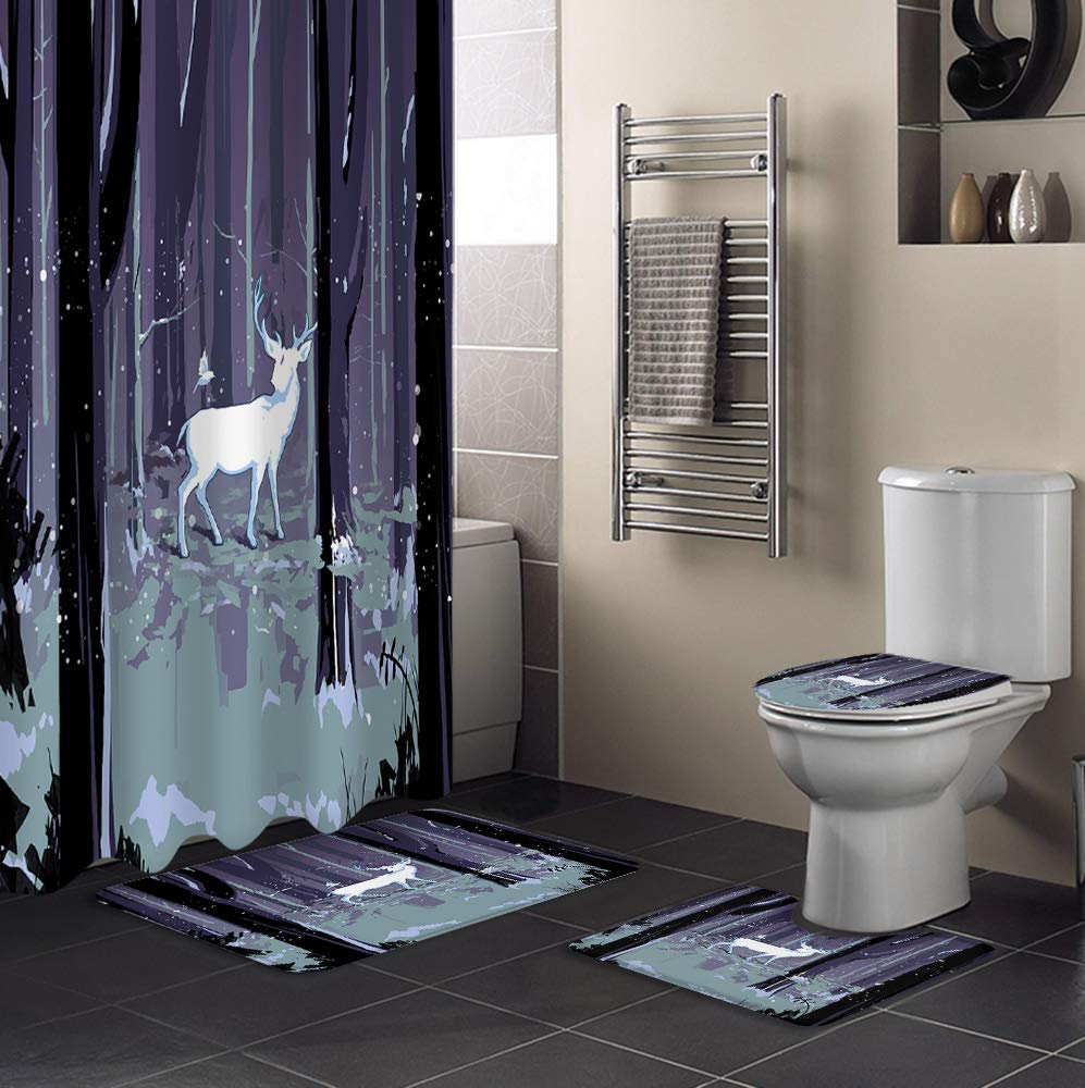 Christmas Forest Reindeer Snowflakes Shower Curtain Set with Non-Slip Bath Mat, Toilet Lid Cover & Bathroom Rugs - 4 Piece Waterproof Bathroom Decor for Holiday Home Decor (Perfect for Christmas Bathroom Makeover & Winter Home Styling)
