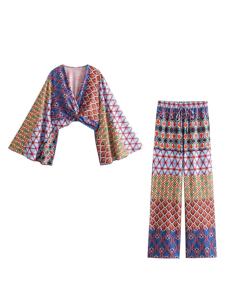 Vintage Floral Print Long Flare Sleeve Crop Top & Wide Leg Pants Set for Women - Elegant V Neck Blouse with Elastic Waist Trousers Outfit | Office Wear, Party, Date Night, Casual Chic Fashion
