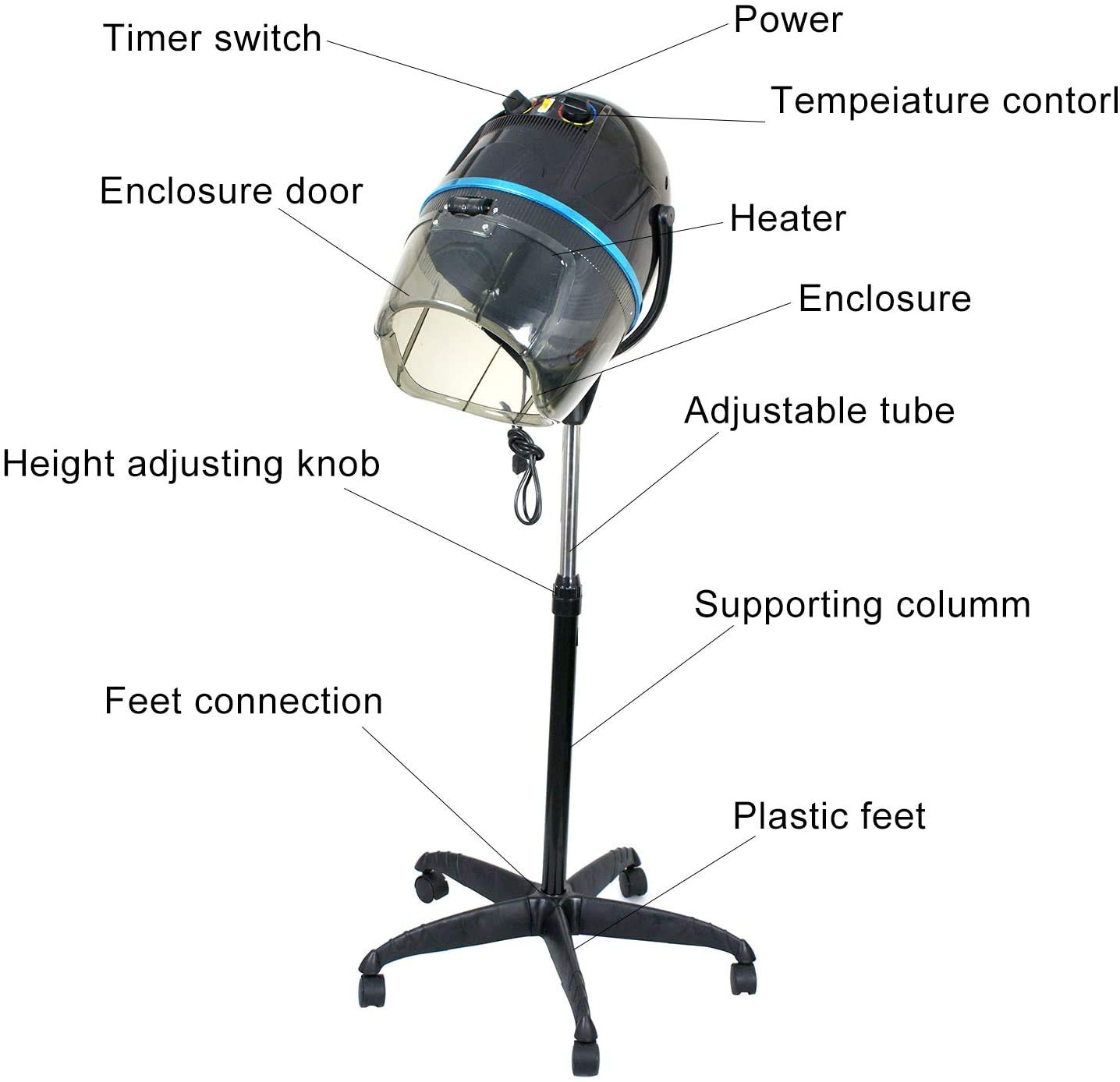 1300W Adjustable Hooded Hair Dryer with Rolling Wheels - Professional Salon Bonnet Dryer for Home Spa & Beauty Treatments | Black | Perfect for Hair Styling, Deep Conditioning & At-Home Hair Care