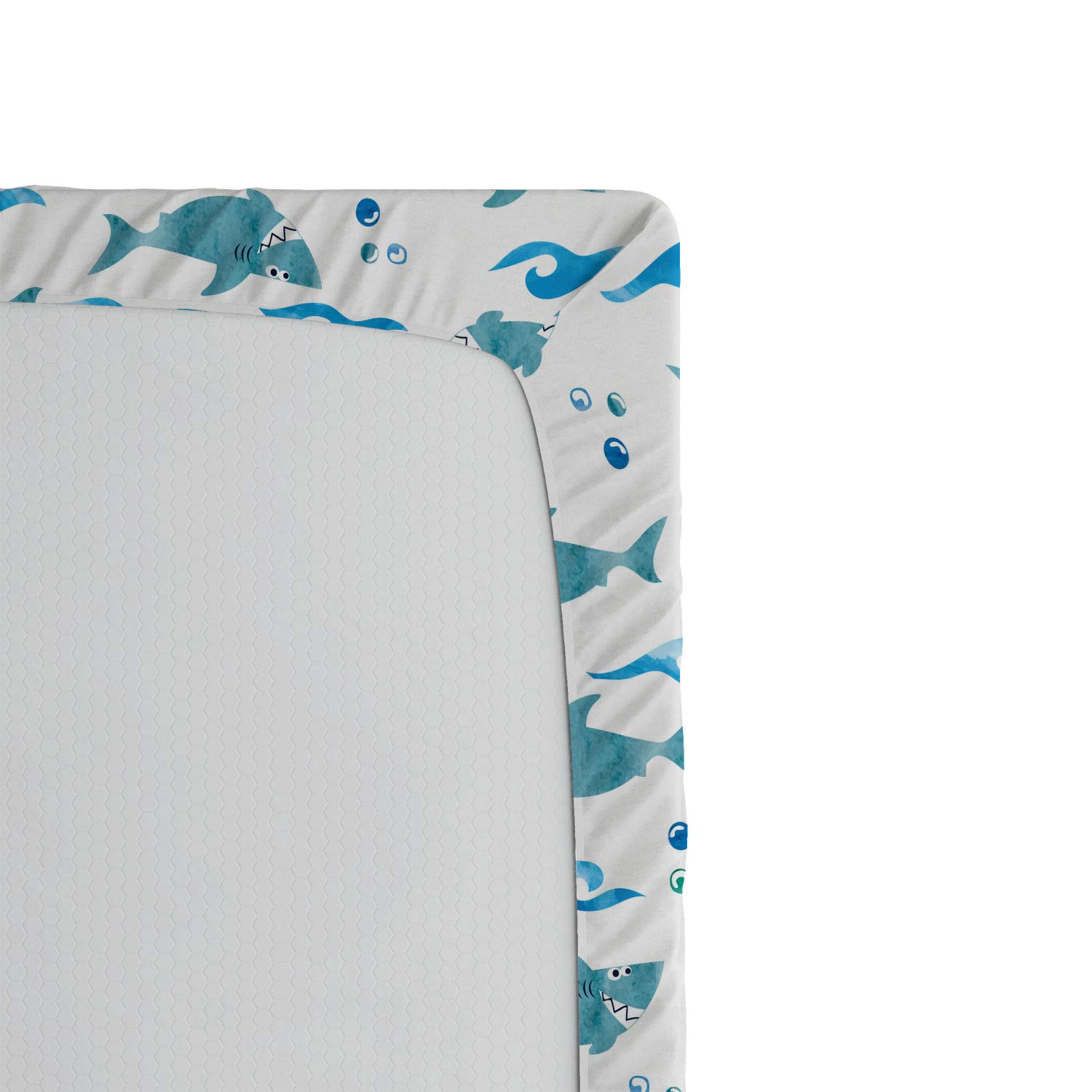 Ambesonne Shark Fitted Sheet - Queen Size Watercolor Ocean Animal Print with Silly Expressions, Bubbles & Waves - Deep Pocket All-Around Elastic Bed Cover in Pale Blue & White | Perfect for Kids' Rooms, Beach Themed Bedrooms & Shark Lovers