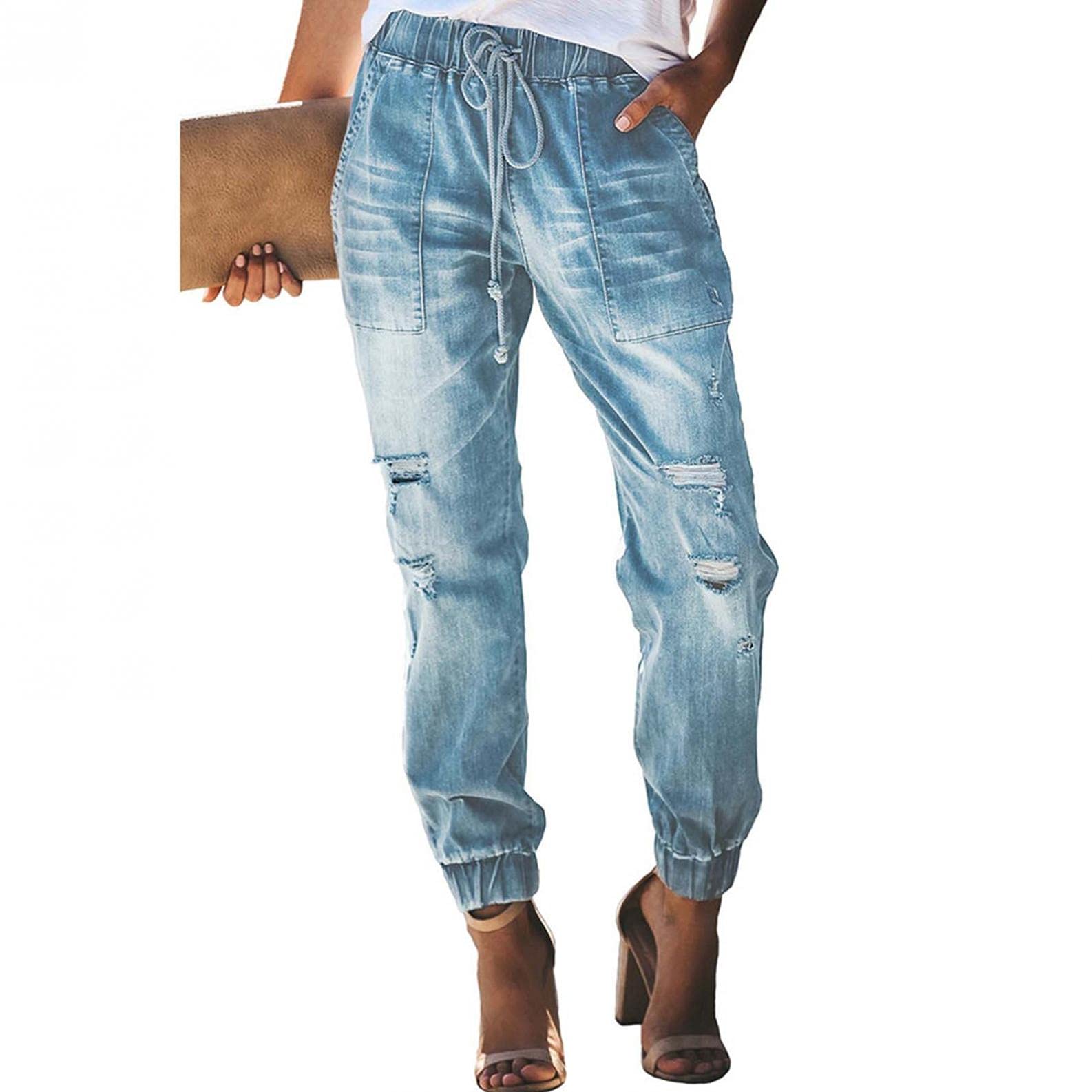 **Women's Distressed Boyfriend Jeans - Ripped Loose Fit Denim Pants with Elastic Waist & Drawstring for Casual Wear, Lounge, and Everyday Comfort**