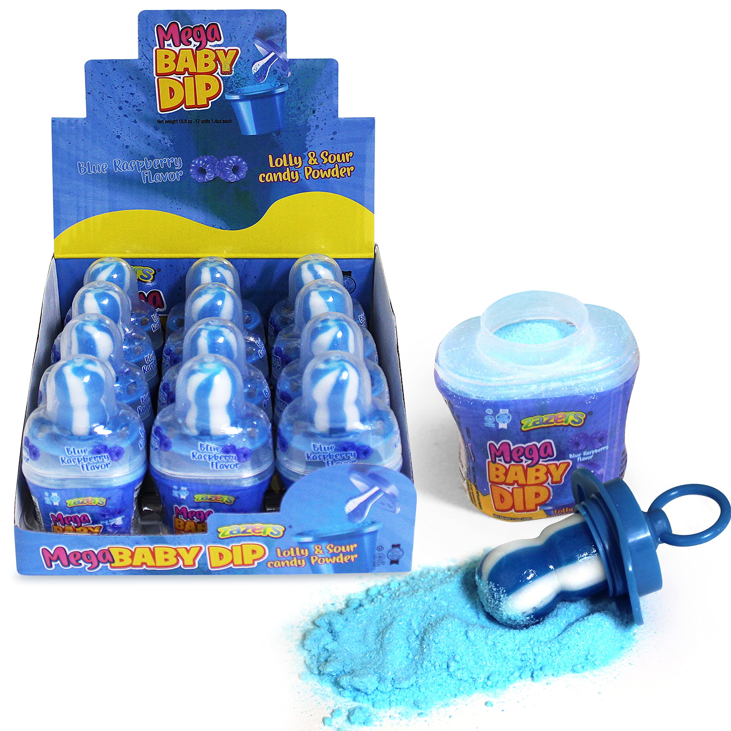 Zazers Mega Pacifier Lolly Baby Dip Candy Dippers - 12-Pack Blue Raspberry Sour Powder Candy with Pacifier, Novelty Candy Pop (Kosher, 16.8oz/476g) - Perfect for Birthday Parties, Baby Showers & Fun Treats for Kids
