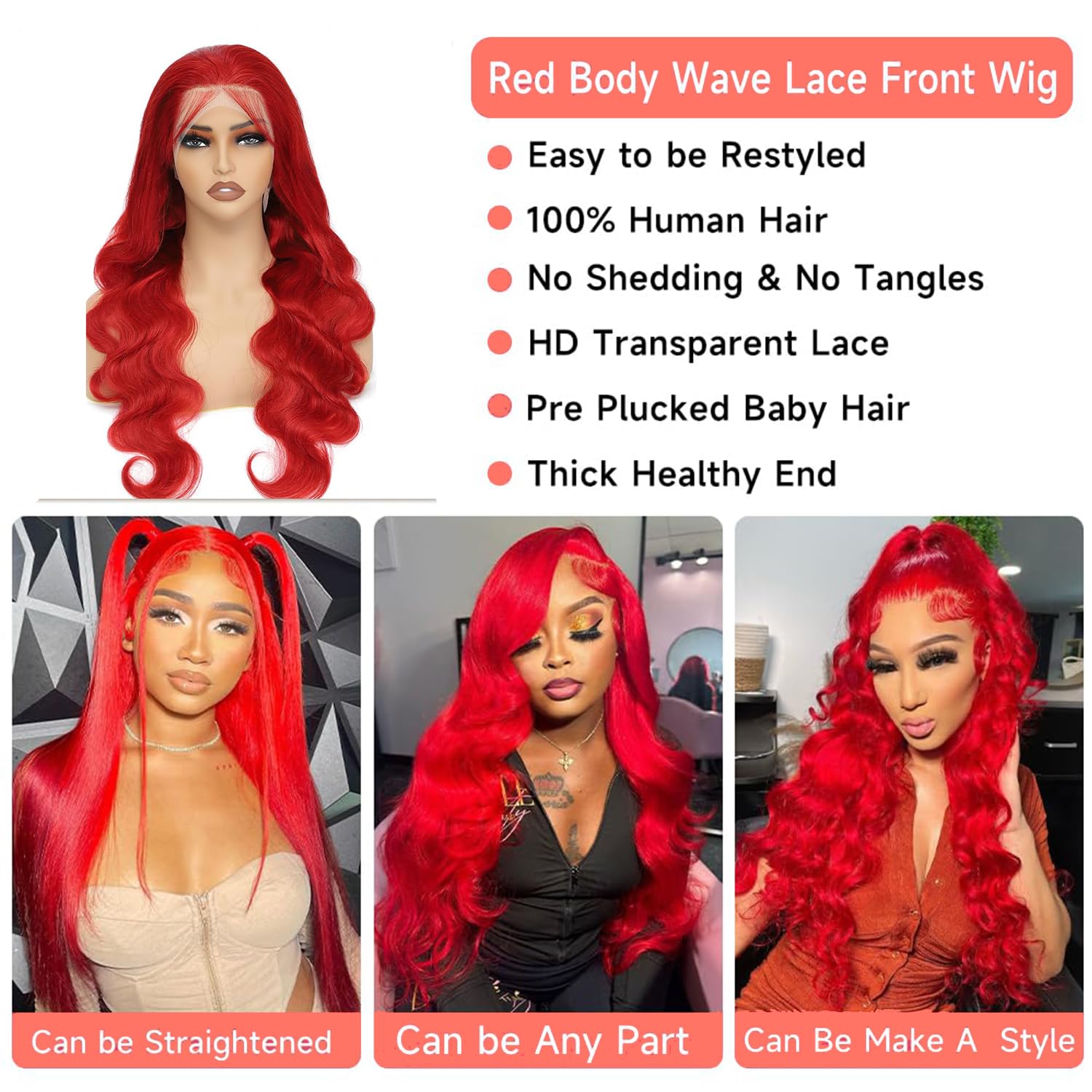 13X6 Red Lace Front Wigs Human Hair - Pre Plucked 210% Density HD Lace Frontal Body Wave Wig with Baby Hair | 24 Inch Vibrant Red Colored Human Hair Wig for Women | Perfect for Cosplay, Parties & Daily Fashion