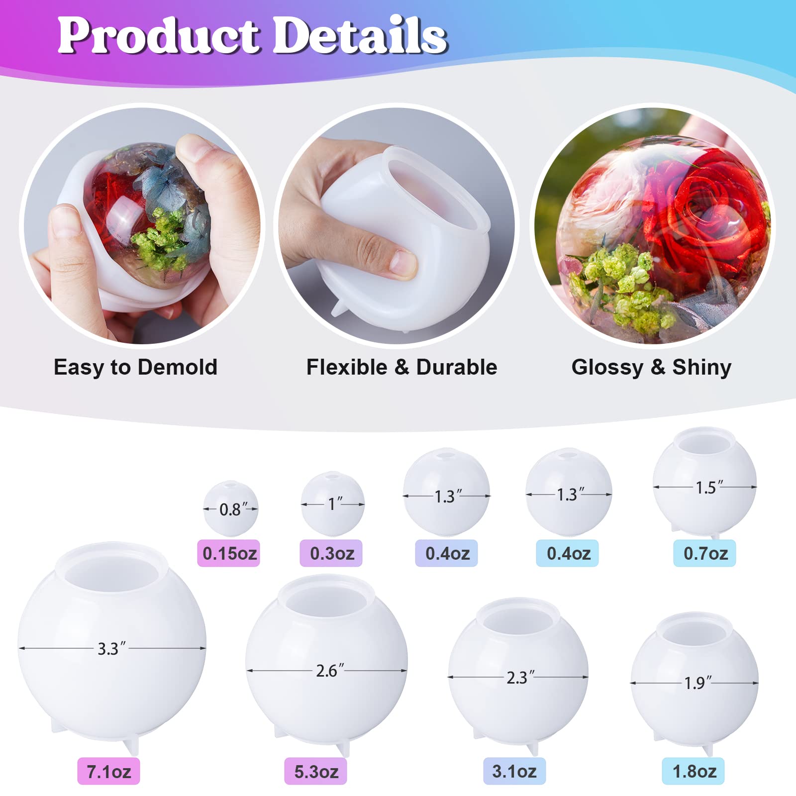 Premium 9-Piece Sphere Silicone Molds for Resin Casting - Seamless 3D Round Ball Molds for Epoxy, Flower Preservation, Soap & Candle Making - DIY Craft, Home Decor & Gift Making Supplies