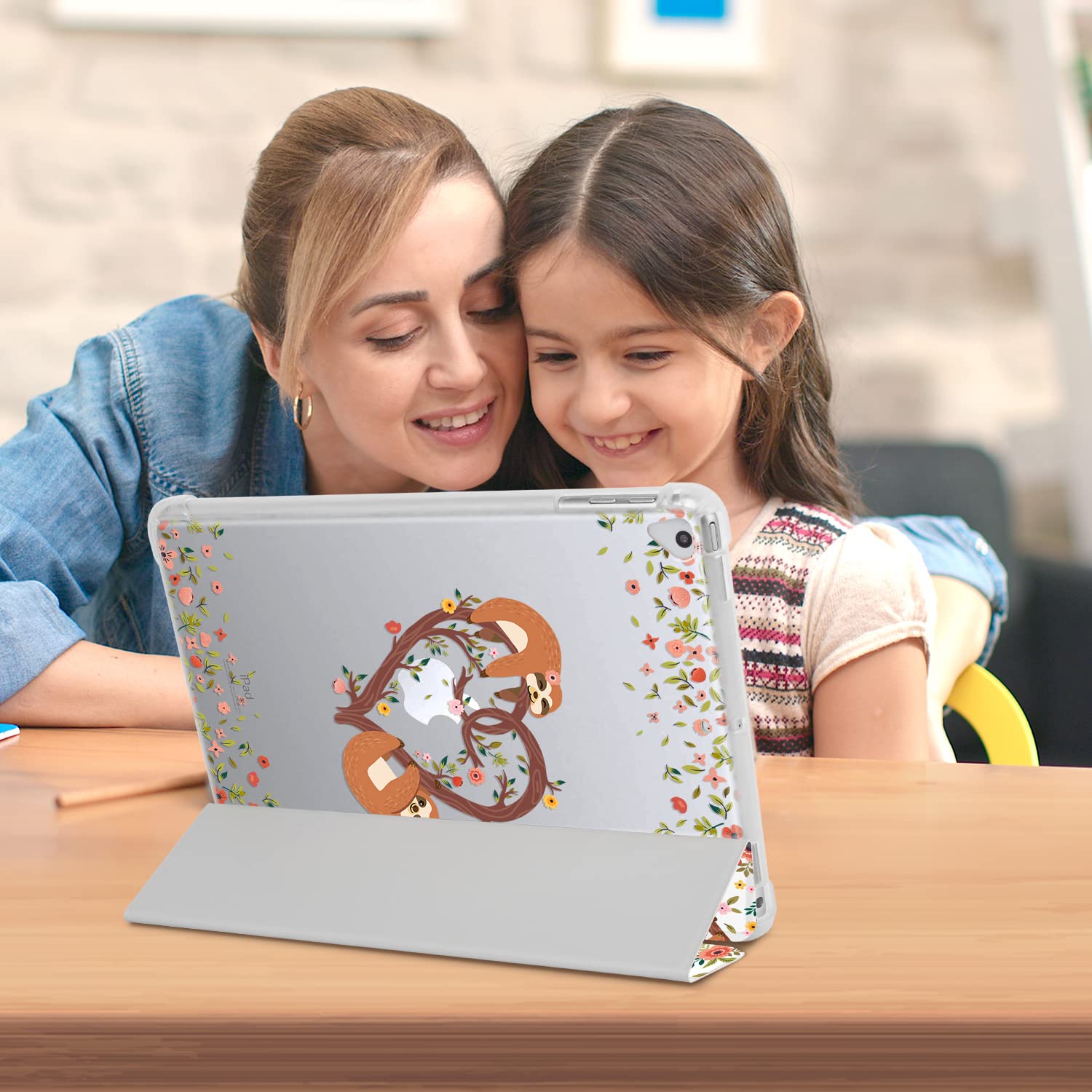 Premium PU Leather iPad Case for 9.7-inch iPad 6th/5th Gen & iPad Air 2 - Tri-fold Stand Cover with Auto Sleep/Wake (Floral Sloth Design) - Perfect for Work, Travel & Home Use