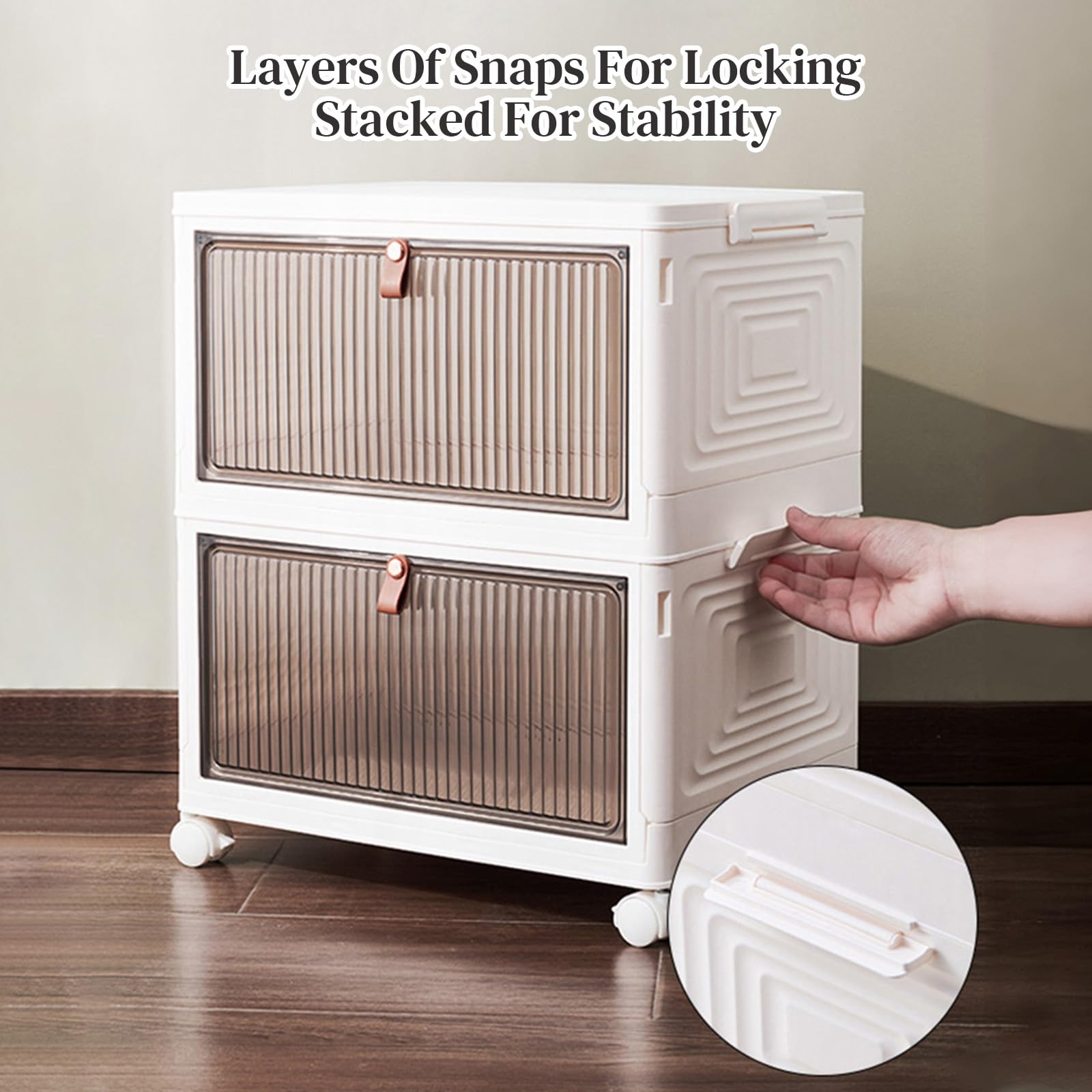 3 Tier Collapsible Storage Bins with Wheels and Lid - Stackable Closet Organizers, Foldable Plastic Containers for Bedroom, Bathroom & Garage Organization - Space Saving Storage Solution