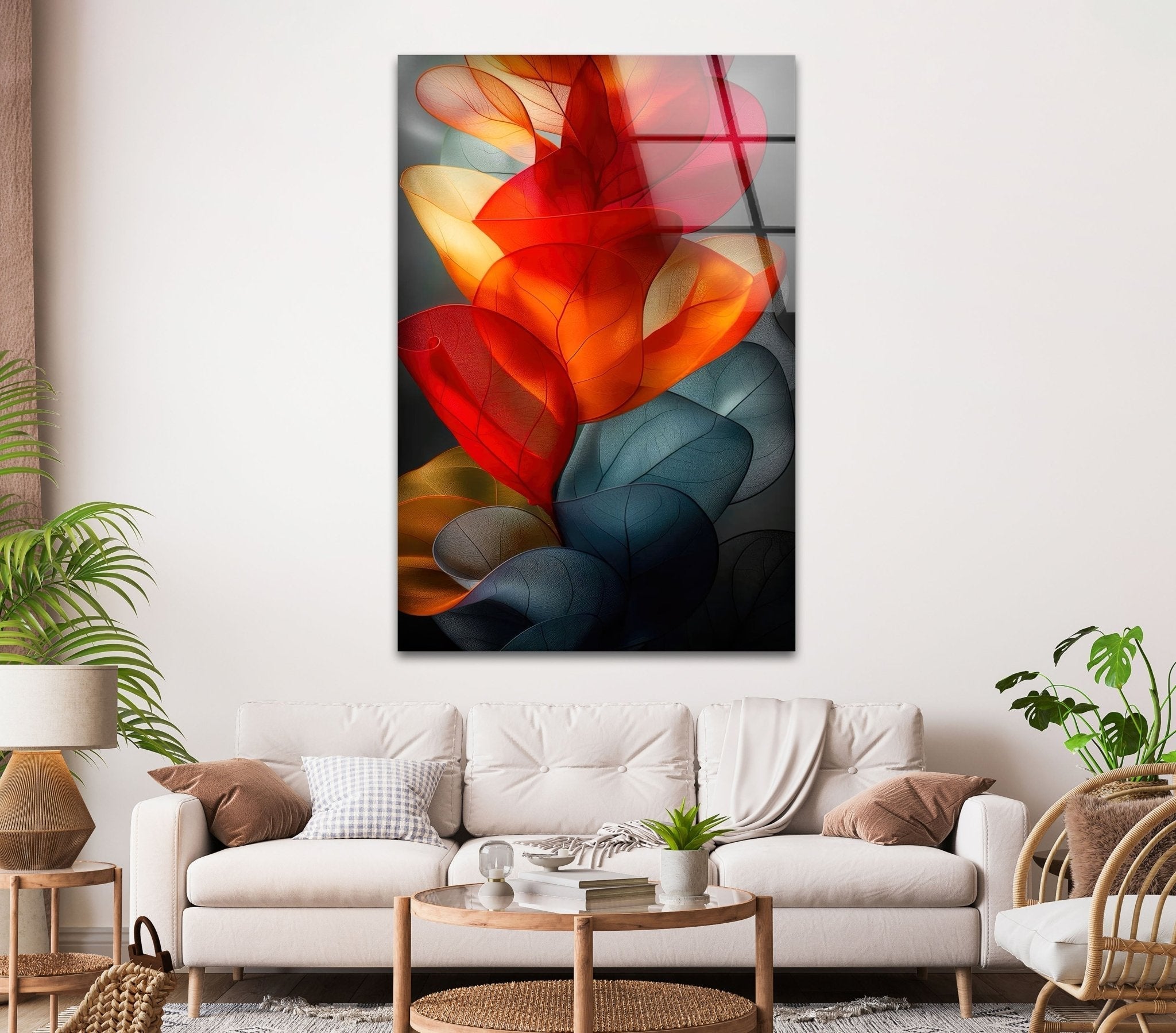 Abstract Red Floral Glass Wall Art - Modern Handmade Home Decor for Living Room, Bedroom, Office - Elegant Gift Idea for Housewarming & Wedding