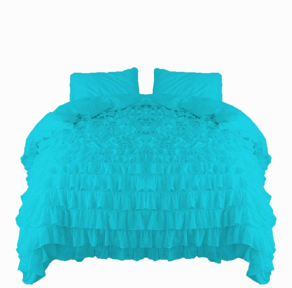 3 Piece Waterfall Ruffle Duvet Cover Set - 800 Thread Count Egyptian Cotton Queen Size in Turquoise Blue | Luxury Bedding for Master Bedroom, Guest Room & Hotel Decor