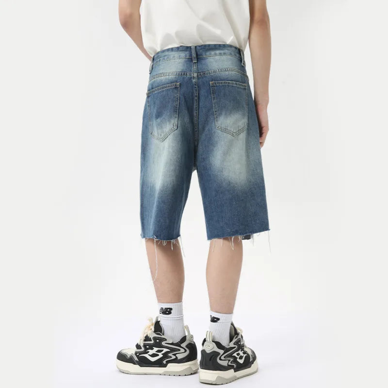 American Style Men's Denim Shorts - Casual Distressed Straight Fit Wide Leg Loose Summer Shorts for Men | Trendy Streetwear & Beach Outfit | Model 9C6318