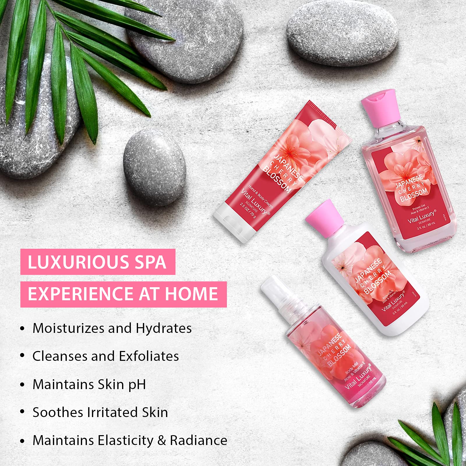 Premium Travel Size Bath & Body Gift Set - 3 Fl Oz Japanese Cherry Blossom Skincare Kit with Body Lotion, Shower Gel, Cream & Fragrance Mist | Relaxing Spa Essentials for Women & Men | Perfect for Home Spa Days, Romantic Gifts & Vacation Toiletries