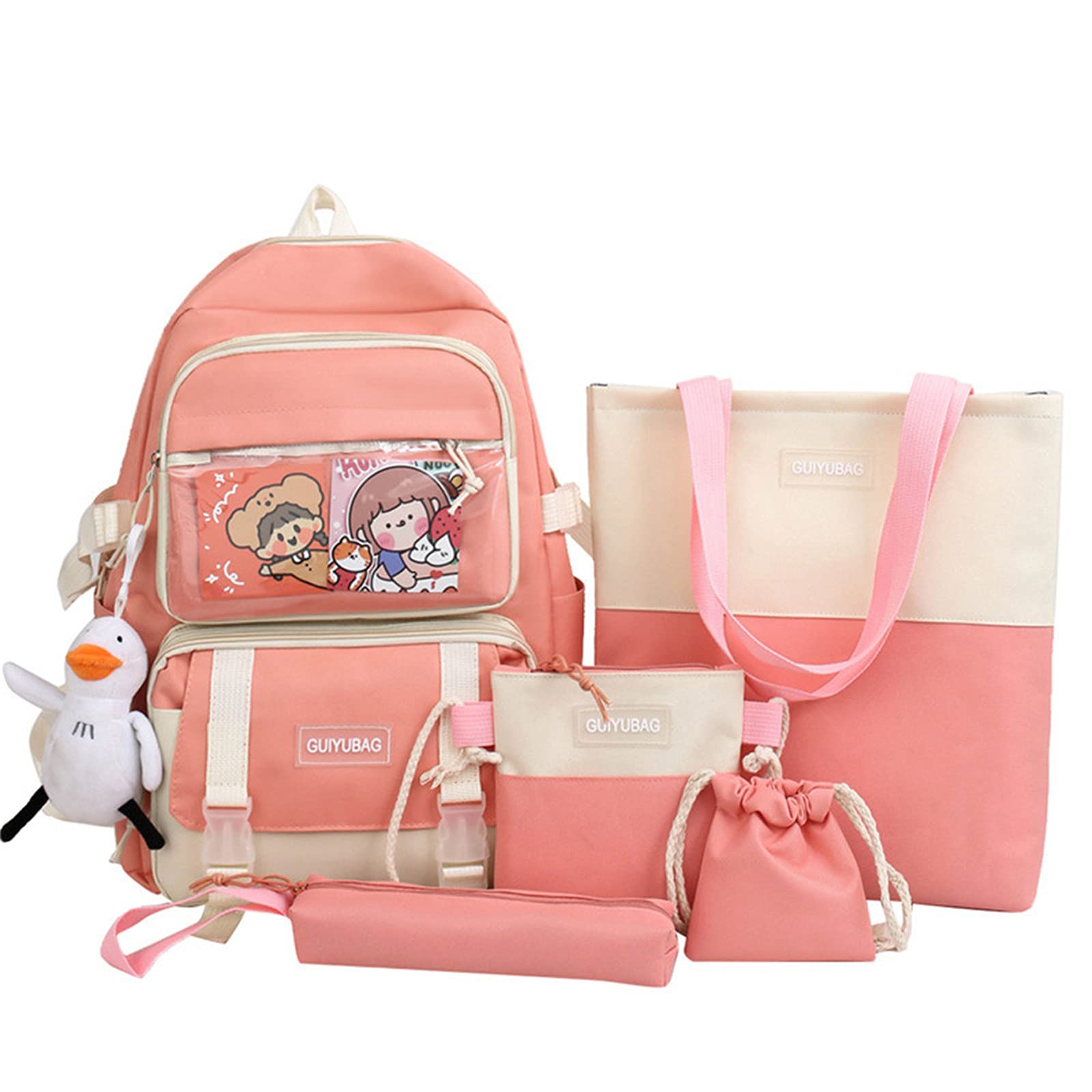 5Pcs Kawaii Cute School Backpack Combo Set - Canvas Teen Backpack, Shoulder Tote Bag, Lunch Box & Pencil Case for Girls Boys - Perfect for School, Travel & Daily Use