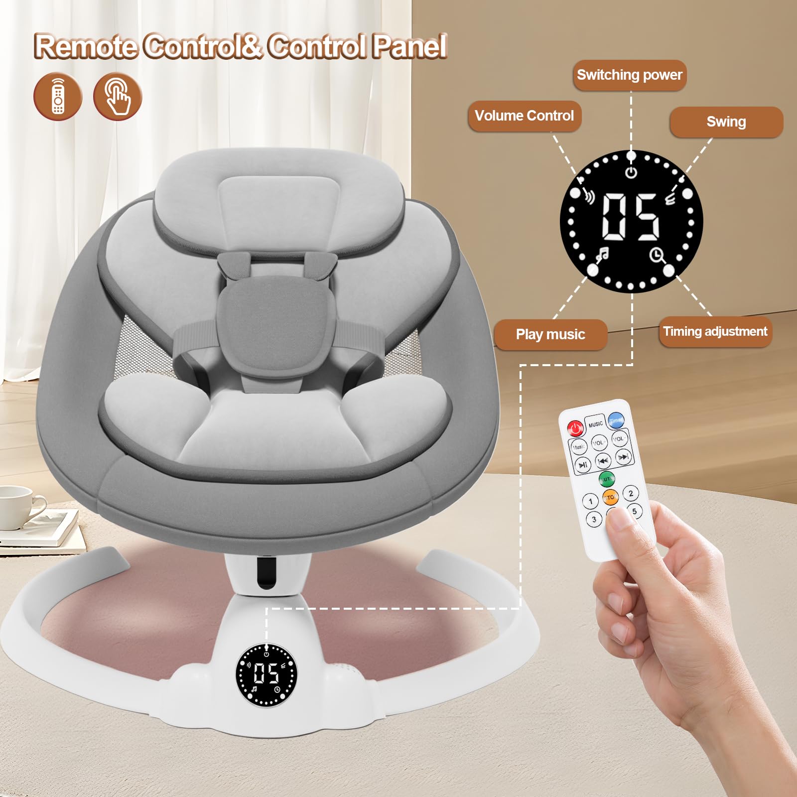 Electric Baby Swing for Infants to Toddlers - Remote Control & Bluetooth Music with 10 Preset Lullabies - Gray - Perfect for Nursery, Bedtime Soothing & Hands-Free Parenting