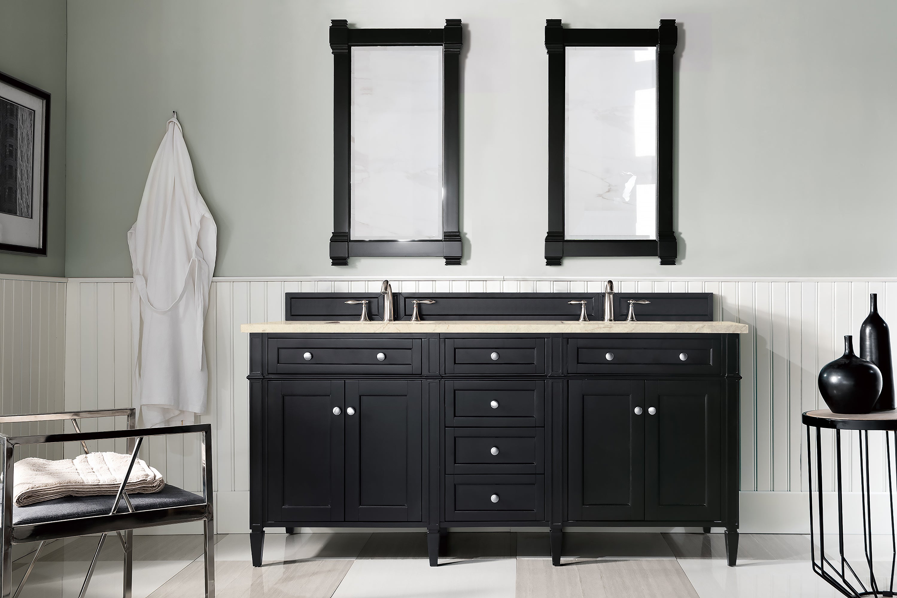 Brittany 72-Inch Black Onyx Double Vanity with 3CM Eternal Marfil Quartz Top - Luxury Bathroom Vanity for Modern Master Bath & Powder Room