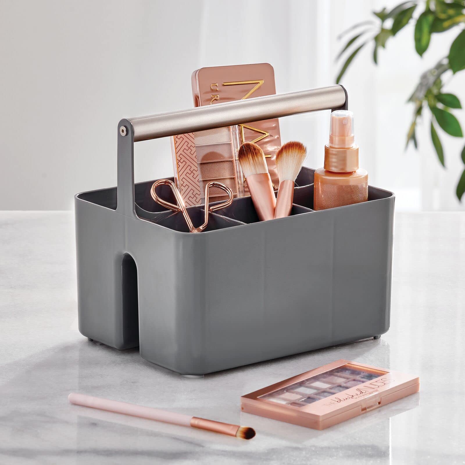 mDesign Plastic Shower Caddy Organizer with Metal Handle - Bathroom Storage Basket for Soap, Shampoo & Conditioner - Dorm & Kitchen Utility Tote - Aura Collection in Charcoal Gray/Satin - Perfect for Small Space Organization & Travel Essentials